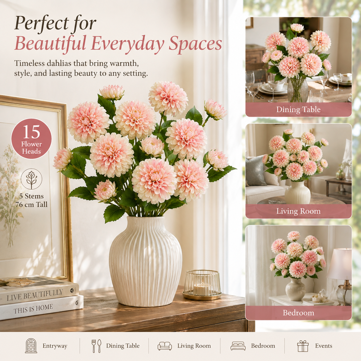 29.9 in Lifelike Dahlia Artificial Flower Bouquet – 5 Stems, 15 Blooms
