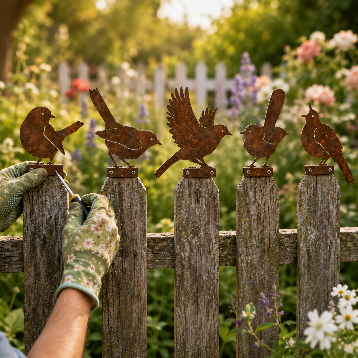 5-Piece Rustic Metal Bird Fence Toppers 