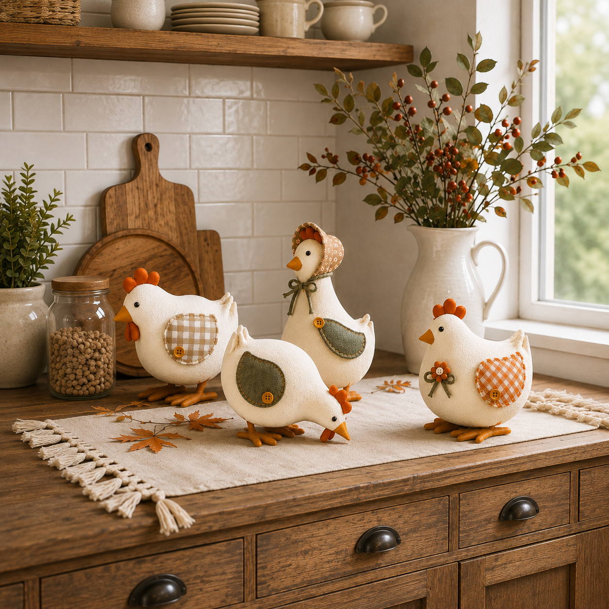 Harvest Hen & Rooster Fabric Doll Set – 4-Piece Fall Farmhouse Decor 🐔🍂