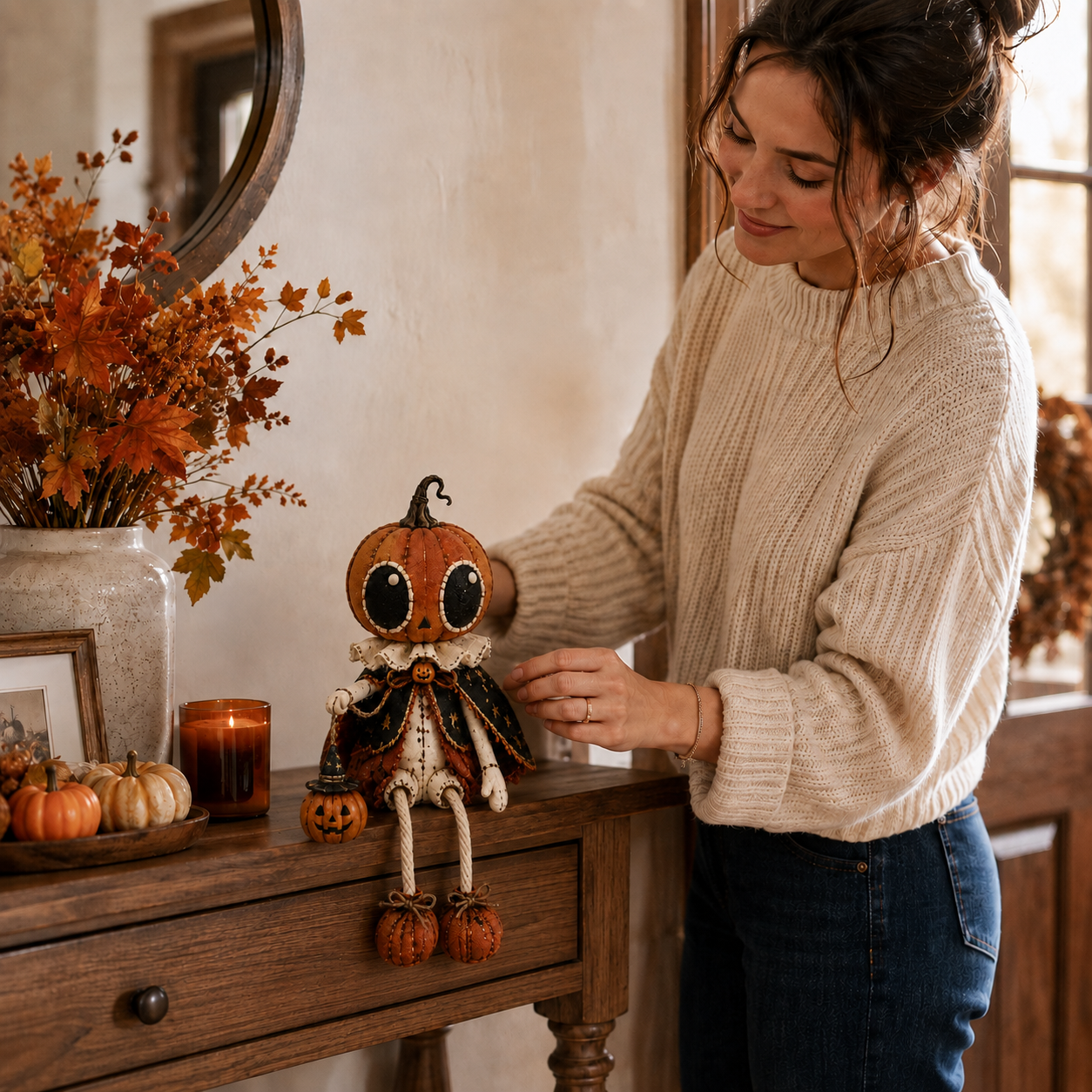 🎃 Vintage Pumpkin Head Dangling Leg Halloween Doll