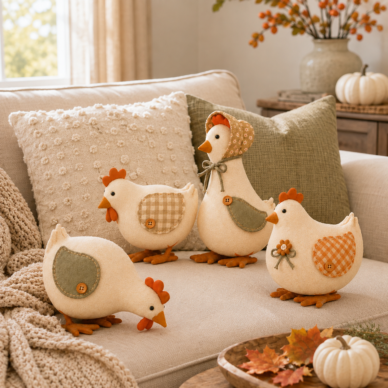 Harvest Hen & Rooster Fabric Doll Set – 4-Piece Fall Farmhouse Decor 🐔🍂
