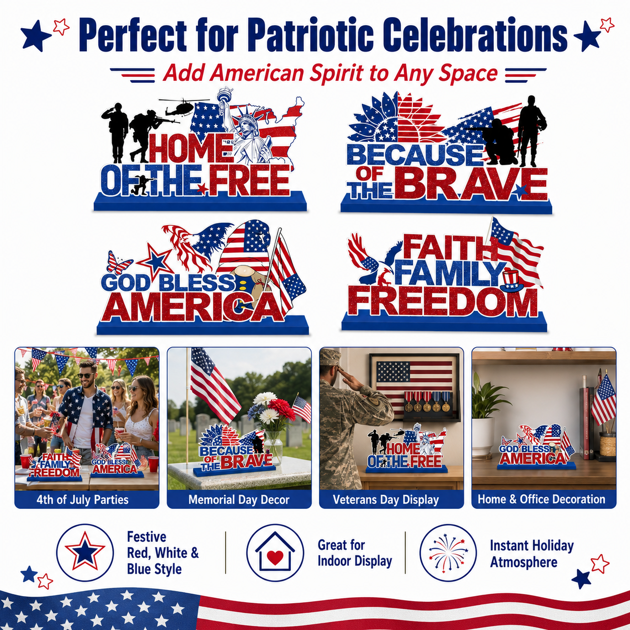 4pcs Patriotic Wooden Tabletop Signs – “Home of the Free”, “Because of the Brave”, “God Bless America”, “Faith Family Freedom”