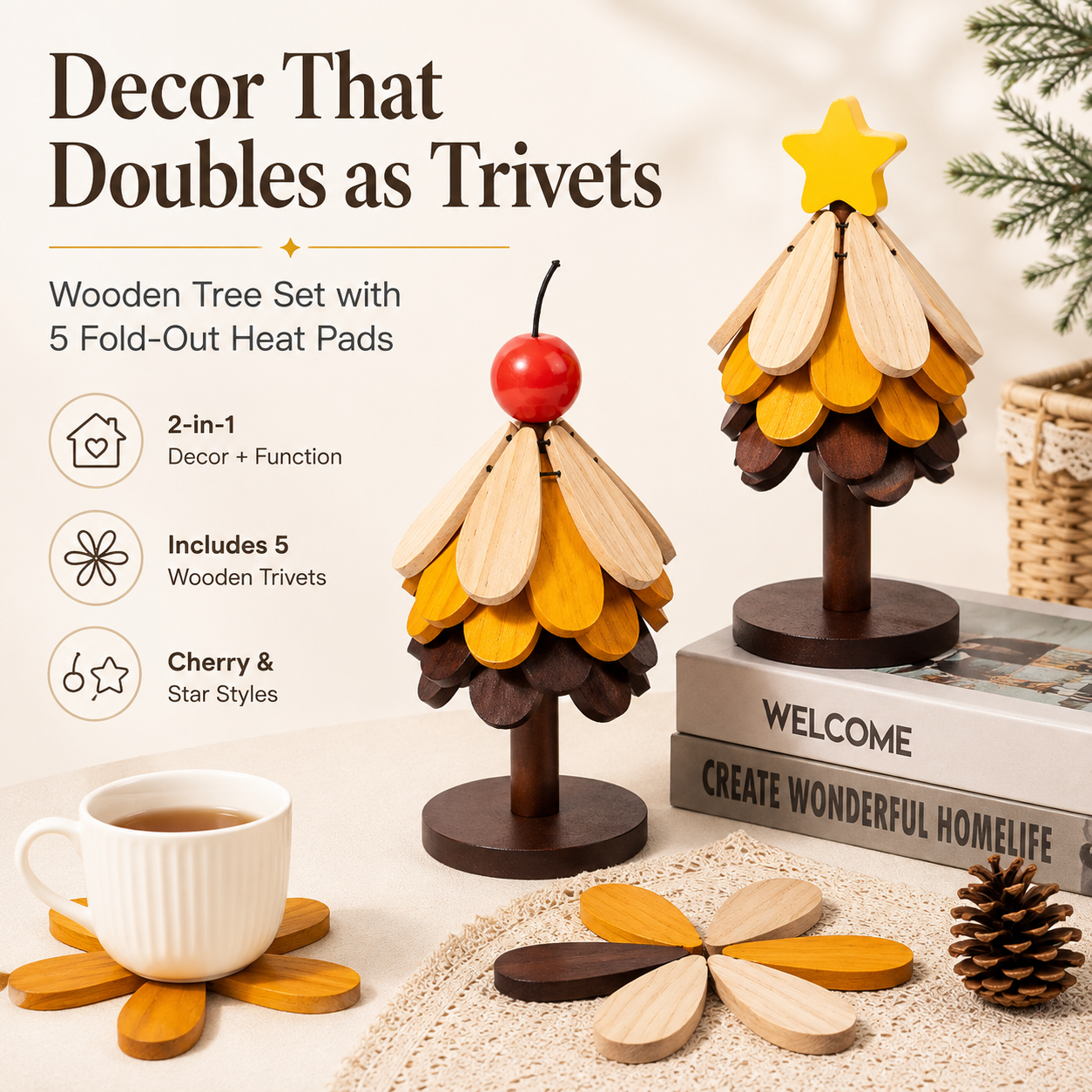 2-in-1 Wooden Trivet Tree Set – 5 Fold-Out Heat Pads 🌳
