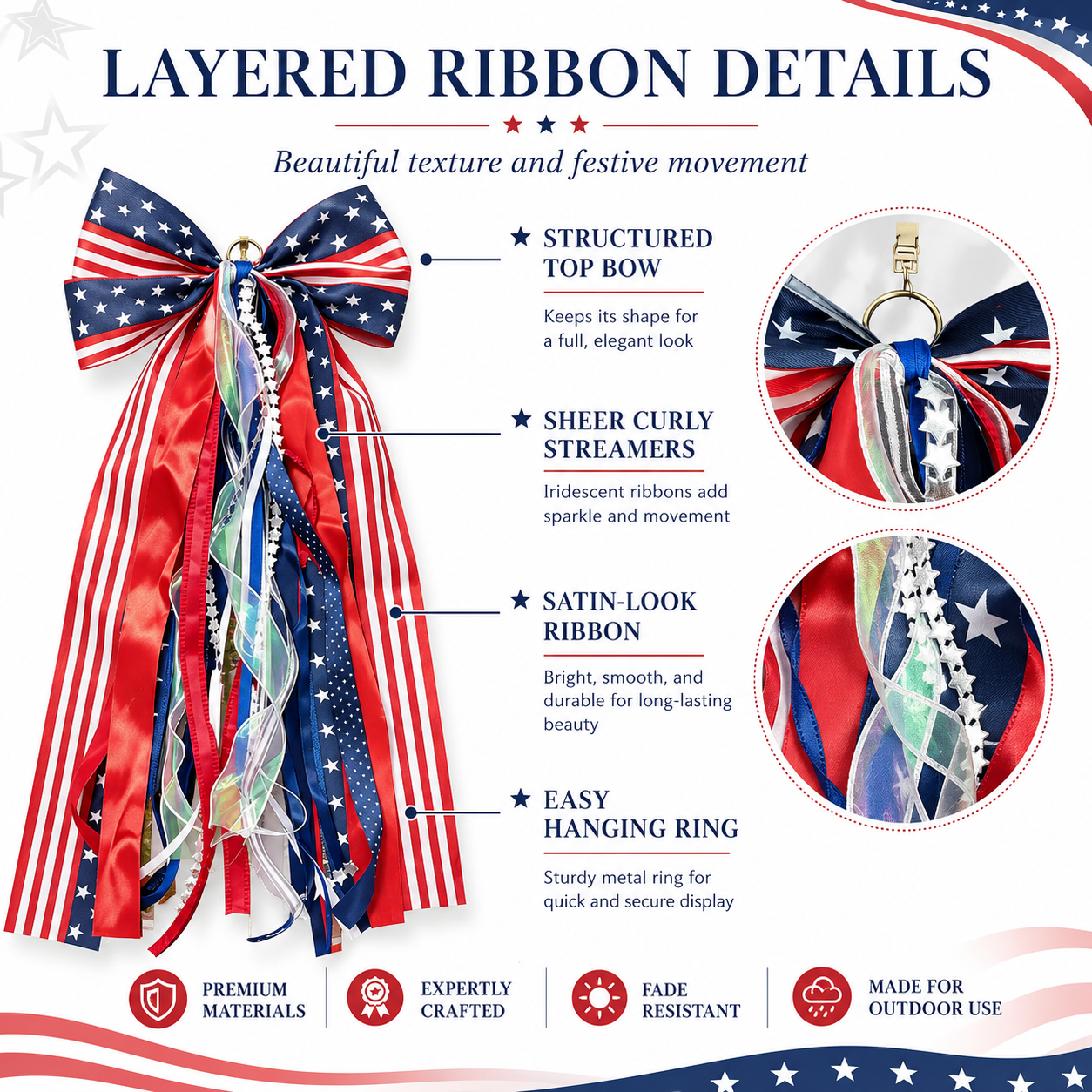 Red White Blue Hanging Ribbon Bow Decoration
