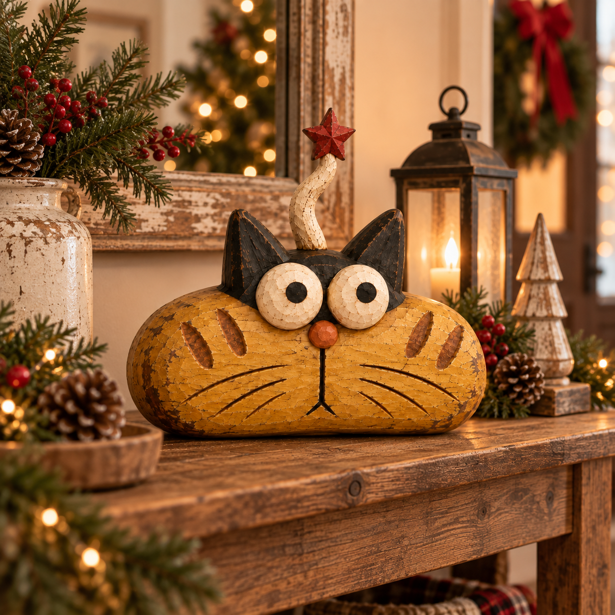 Rustic Christmas Star Cat Figurine