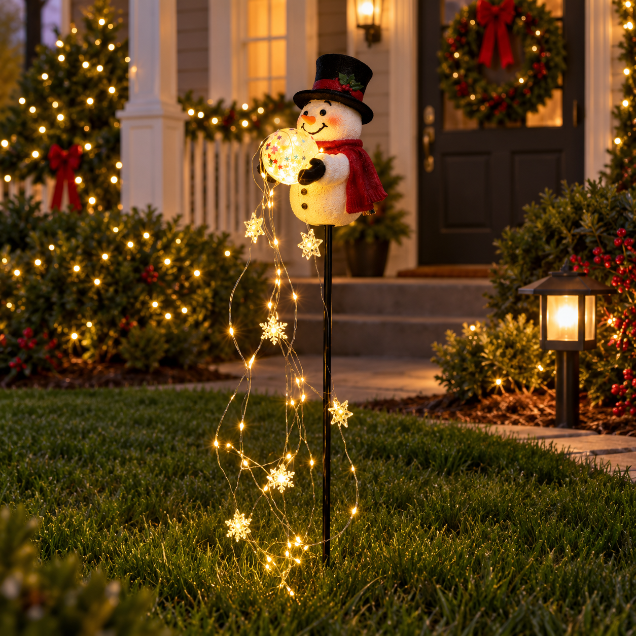 Christmas Magic Fountain Snowman & Santa Garden Stake Light