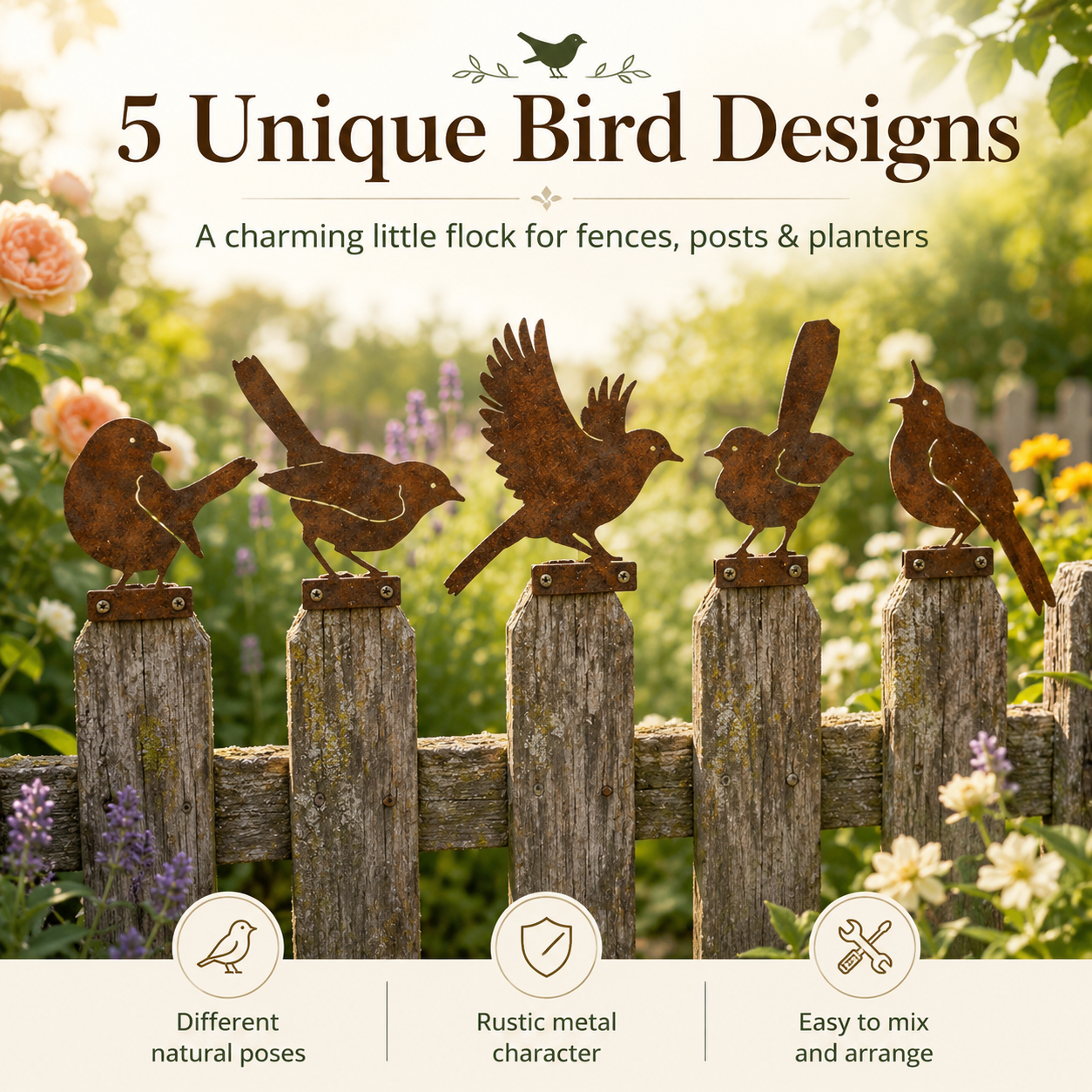 5-Piece Rustic Metal Bird Fence Toppers 