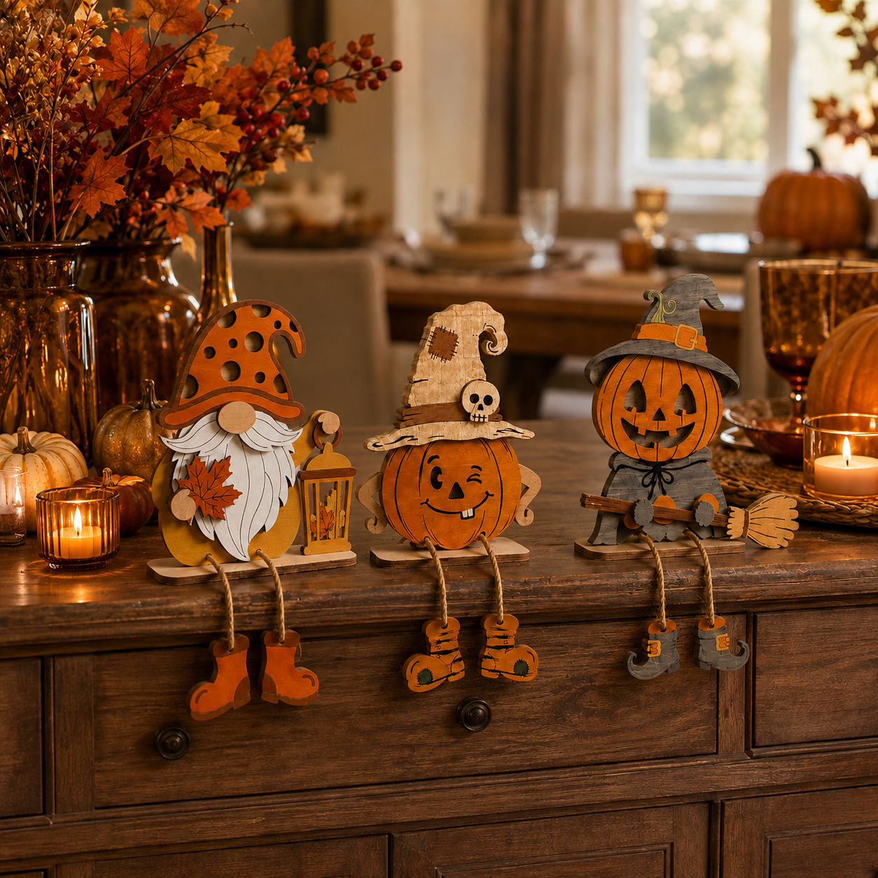 3-Piece Wooden Fall & Halloween Dangling-Leg Shelf Sitter Set
