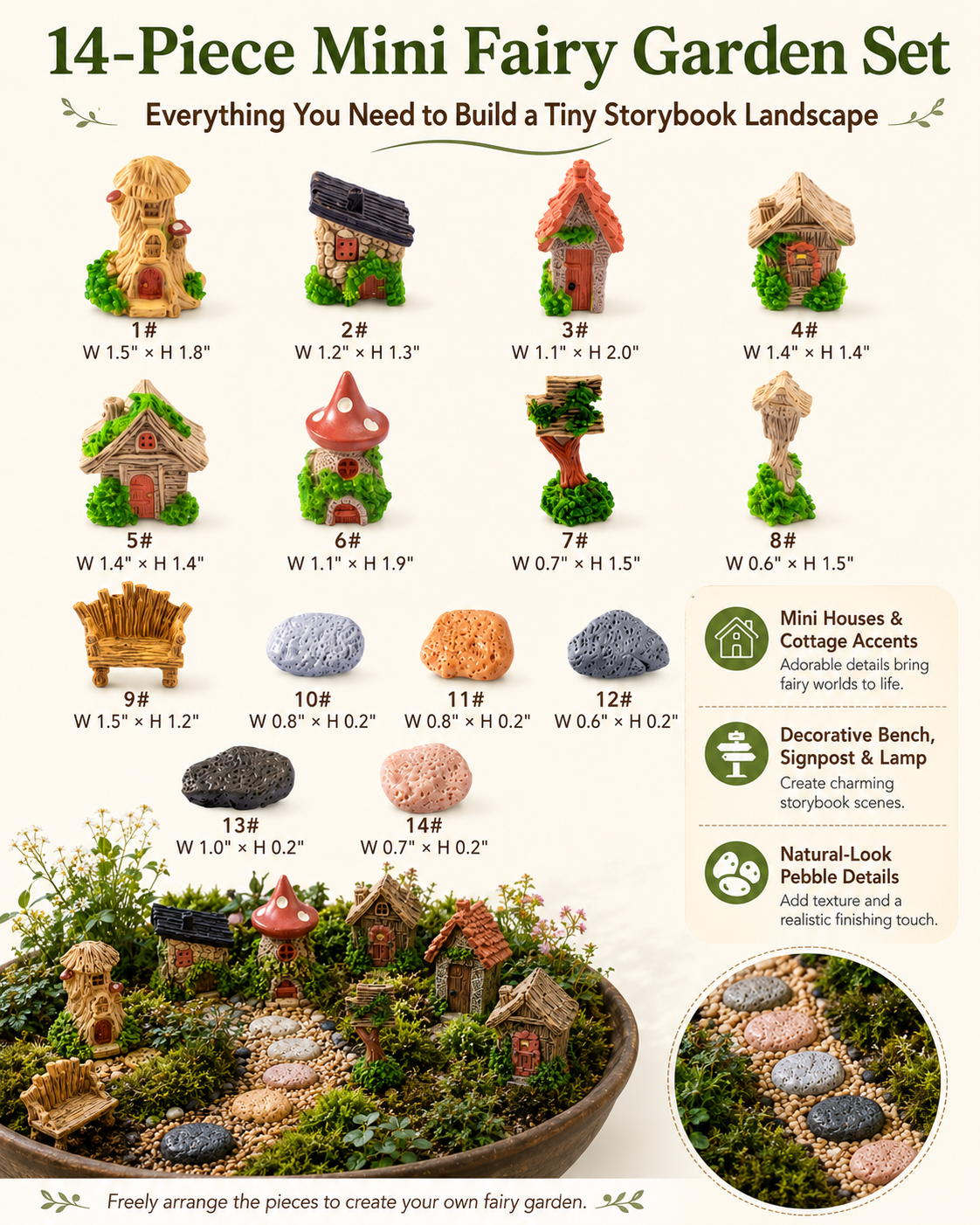 🌿 14-Piece Mini Fairy Garden Kit – Miniature Village Decor for Plant Pots, Terrariums & Backyard Micro Landscapes