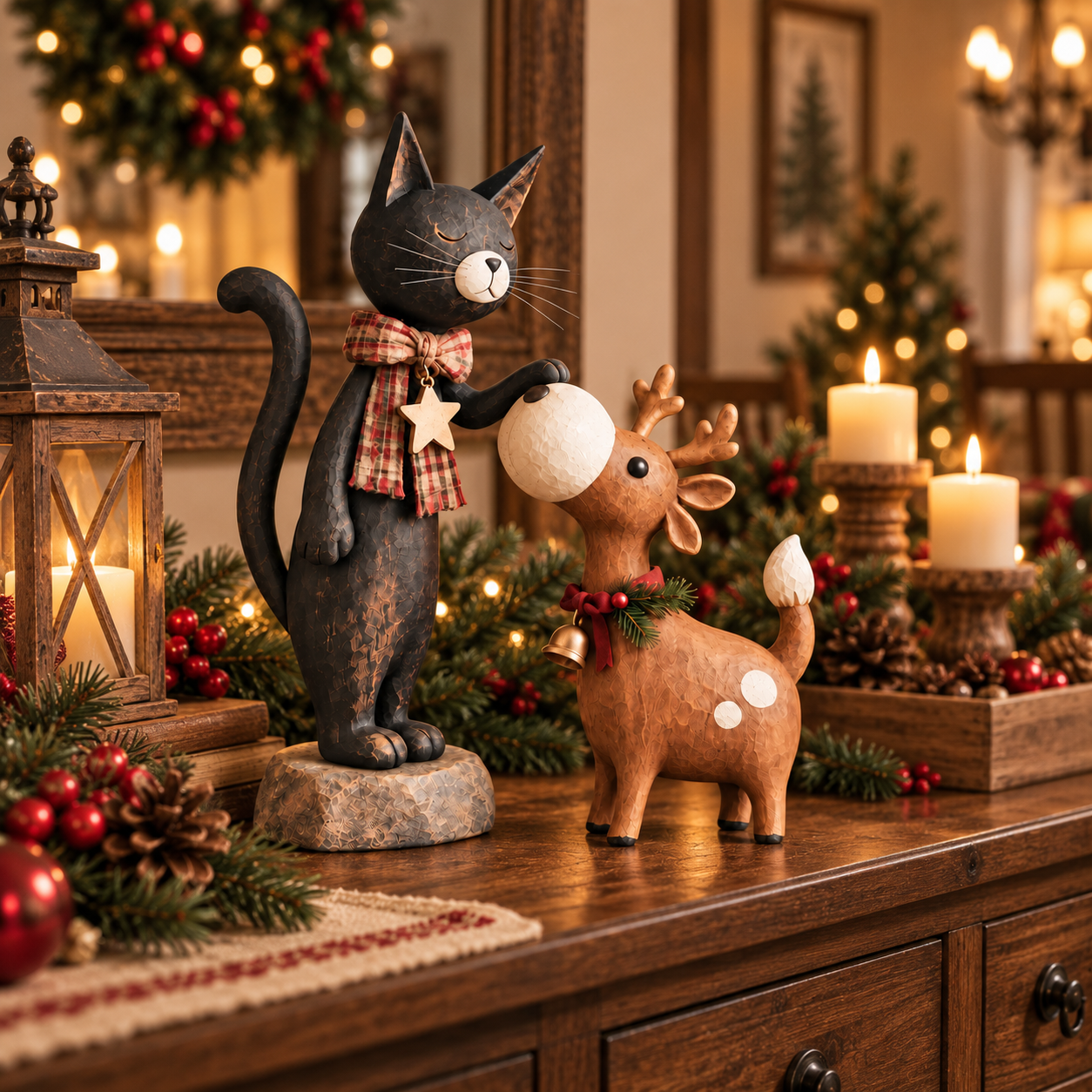 Whimsical Christmas Cat & Reindeer Figurine Set