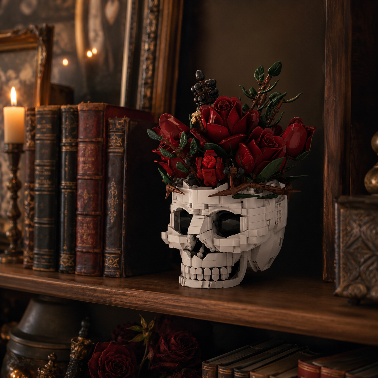 Gothic Rose Skull Building Block Flower Vase🖤🌹 – 1123 PCS DIY Dark Romantic Home Decor Gift