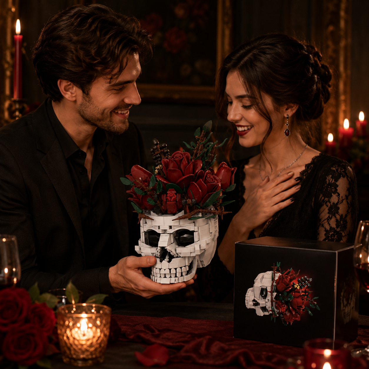 Gothic Rose Skull Building Block Flower Vase🖤🌹 – 1123 PCS DIY Dark Romantic Home Decor Gift
