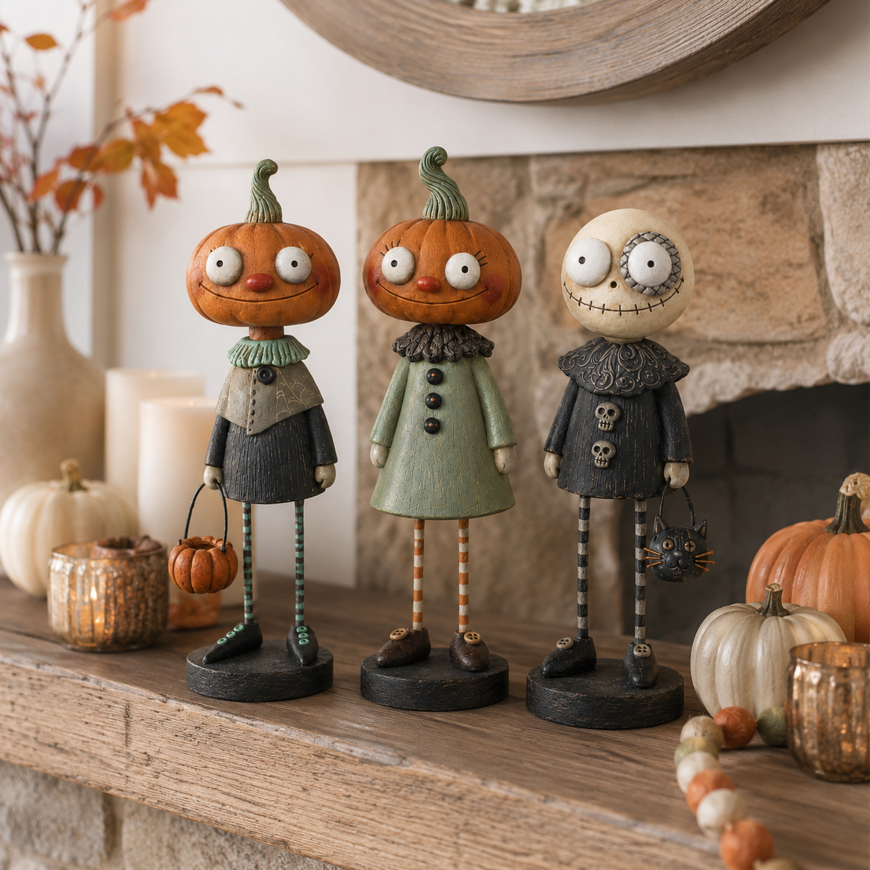 Primitive Pumpkin Friends 3-Piece Set – Vintage Halloween Farmhouse Figurine Collection