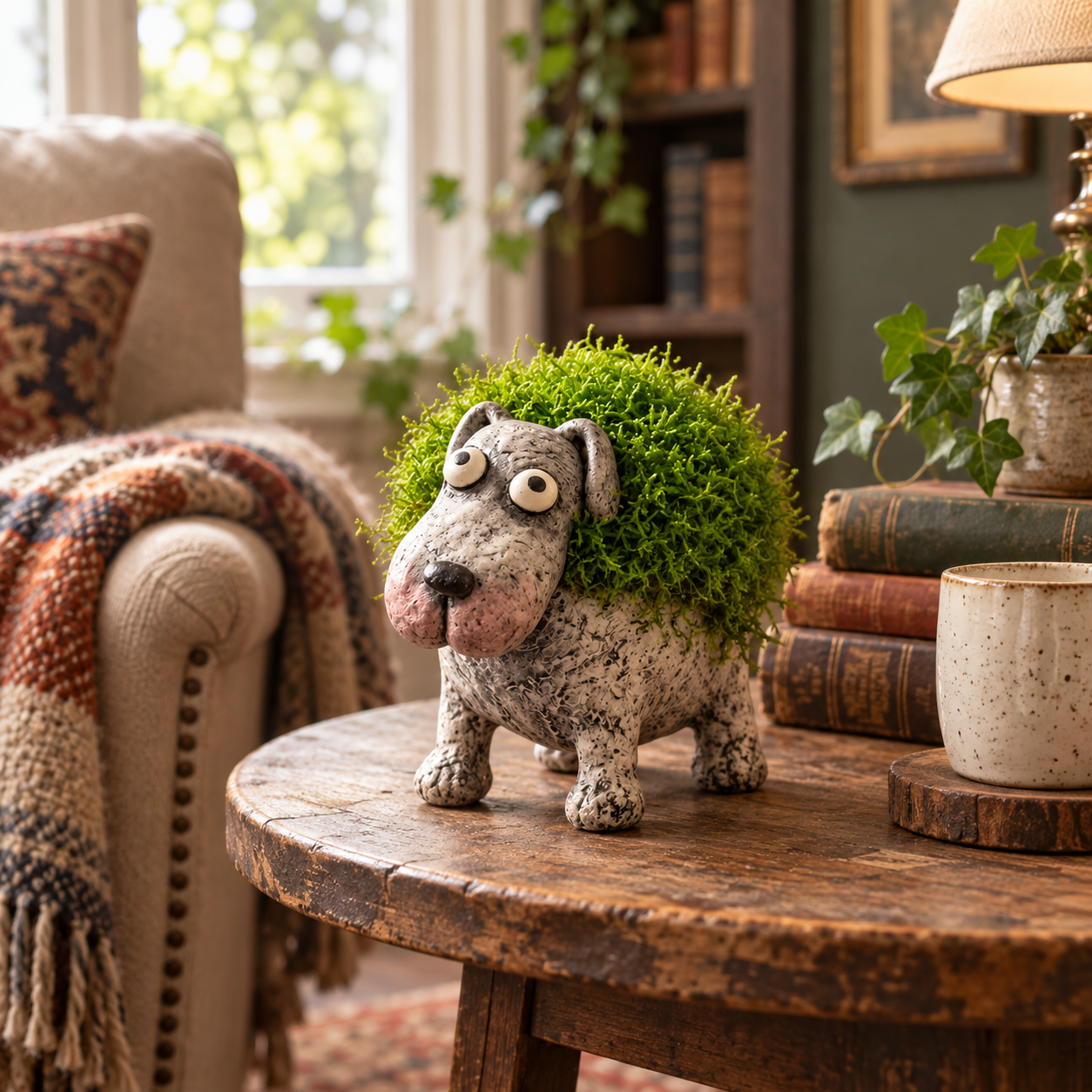 Whimsical Moss-Back Dog Figurine