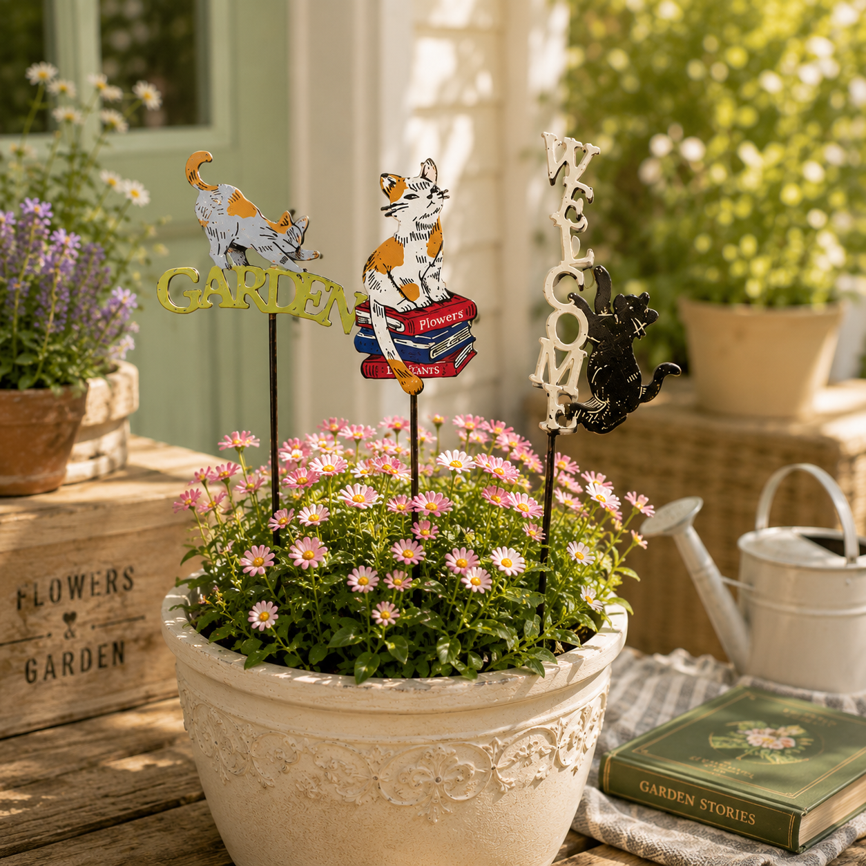 Vintage Metal Garden Stakes - Woodland Squirrel Hedgehog & Cat Plant Pot Picks