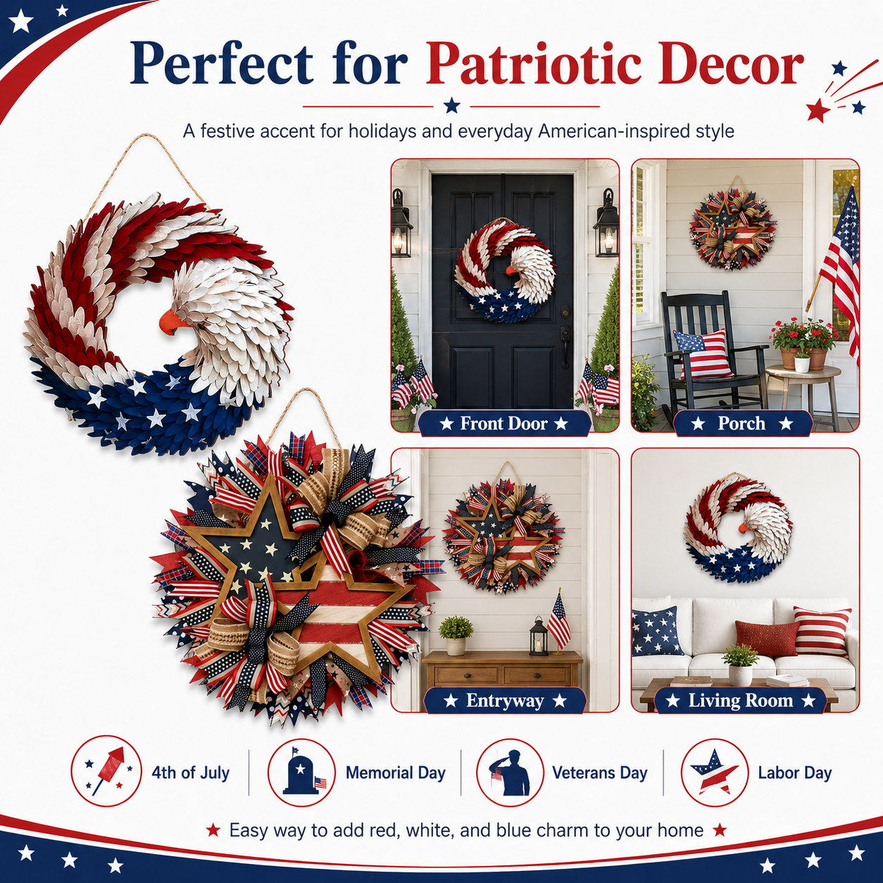 2026 Popular American Independence Day Flag Garland, National Day Holiday Decoration Scene Decoration, Front Door Pendant Props, National Flag Ribbon Styles, Yard Can Be Hung, Door Celebration Plaque, 