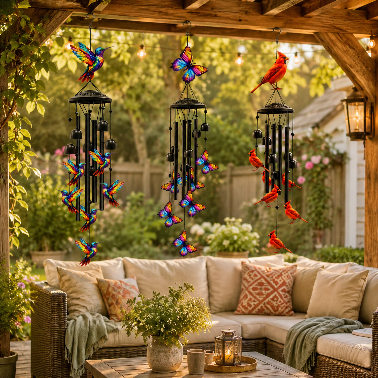 Outdoor Wind Chimes with Colorful Birds & Butterflies
