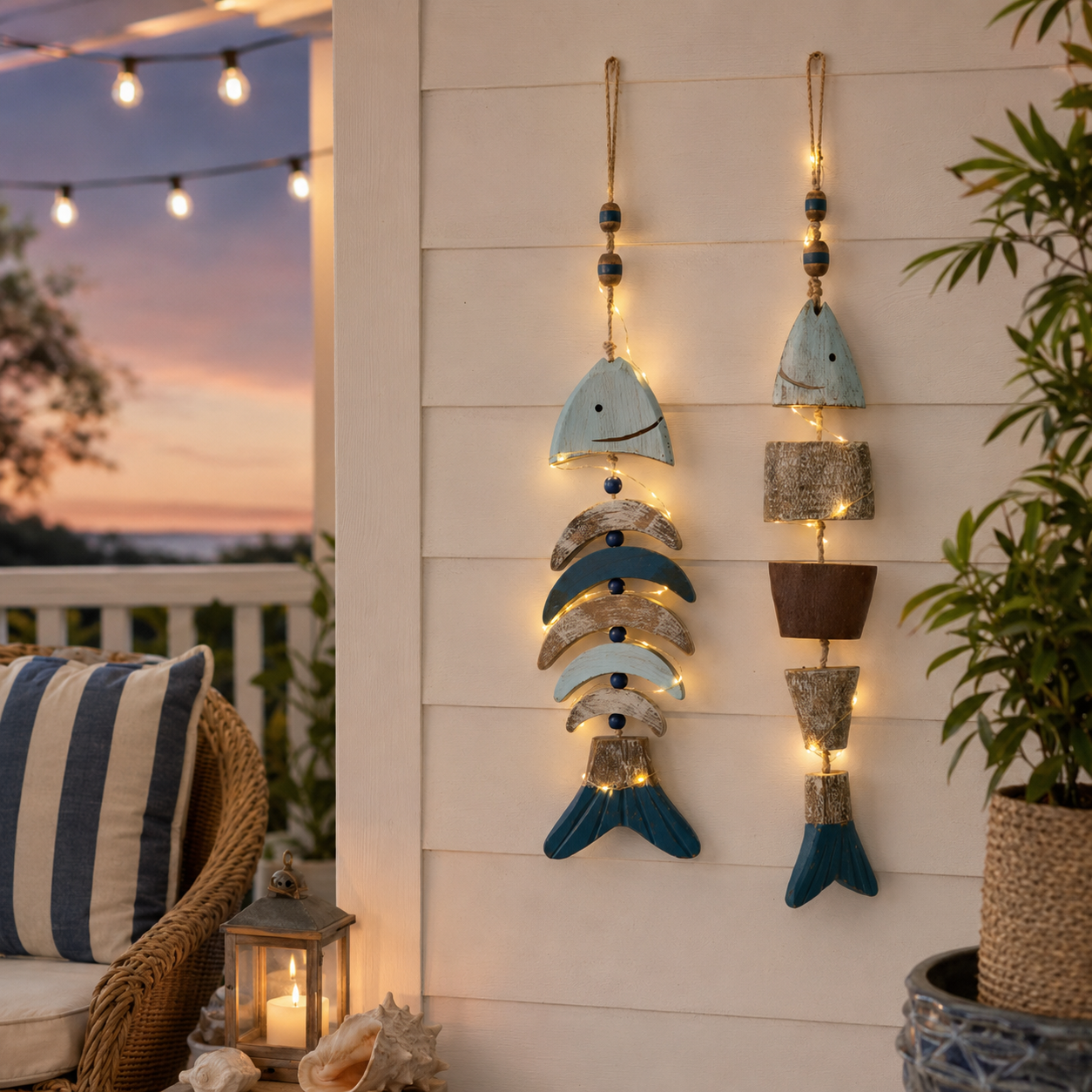 🌊 Lighted Coastal Wooden Fish Hanging Decor Set of 2