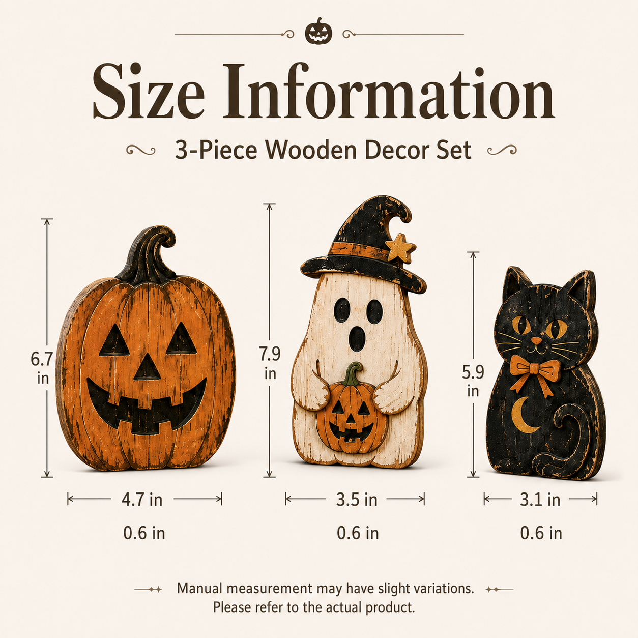 Vintage Halloween Wooden Trio – Pumpkin, Ghost & Black Cat