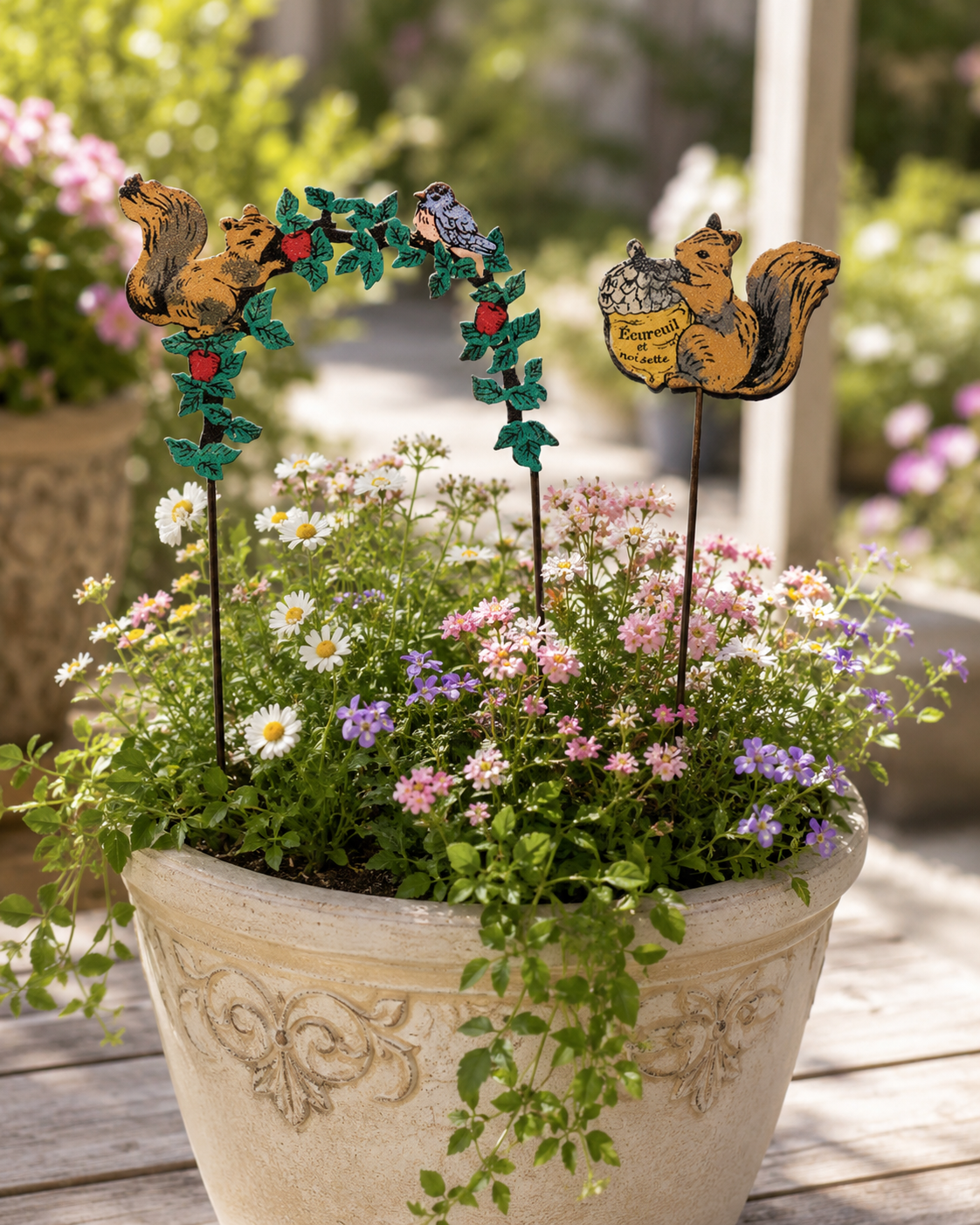 Vintage Metal Garden Stakes - Woodland Squirrel Hedgehog & Cat Plant Pot Picks
