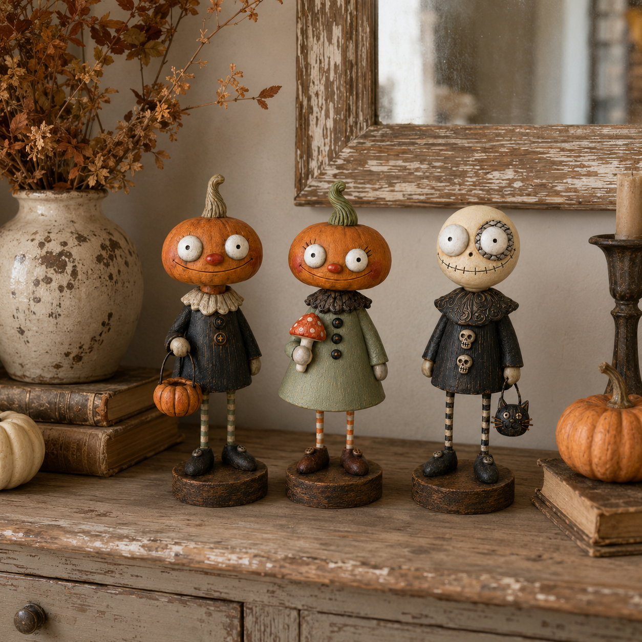 Primitive Pumpkin Friends 3-Piece Set – Vintage Halloween Farmhouse Figurine Collection
