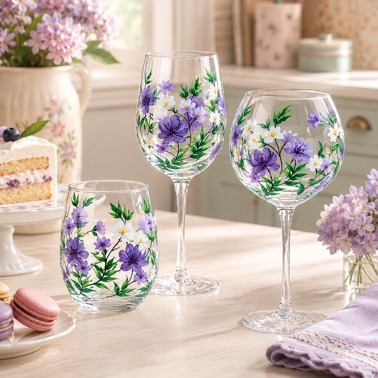 Fresh Floral Butterfly Glassware Gift Set, Hand-Painted Cottage Style