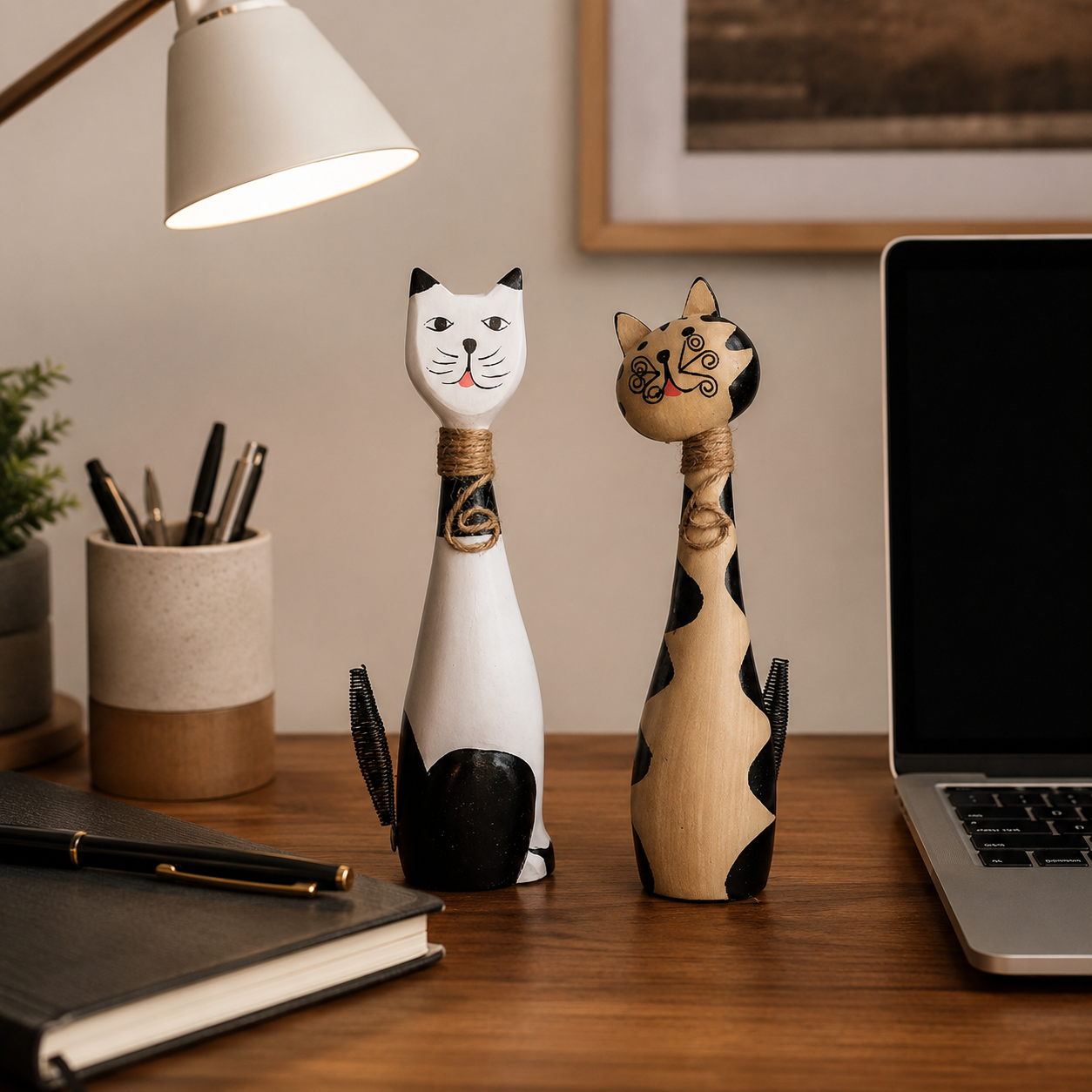 11 in Whimsical Hand-Painted Wooden Cat Figurines – Set of 2 🐱