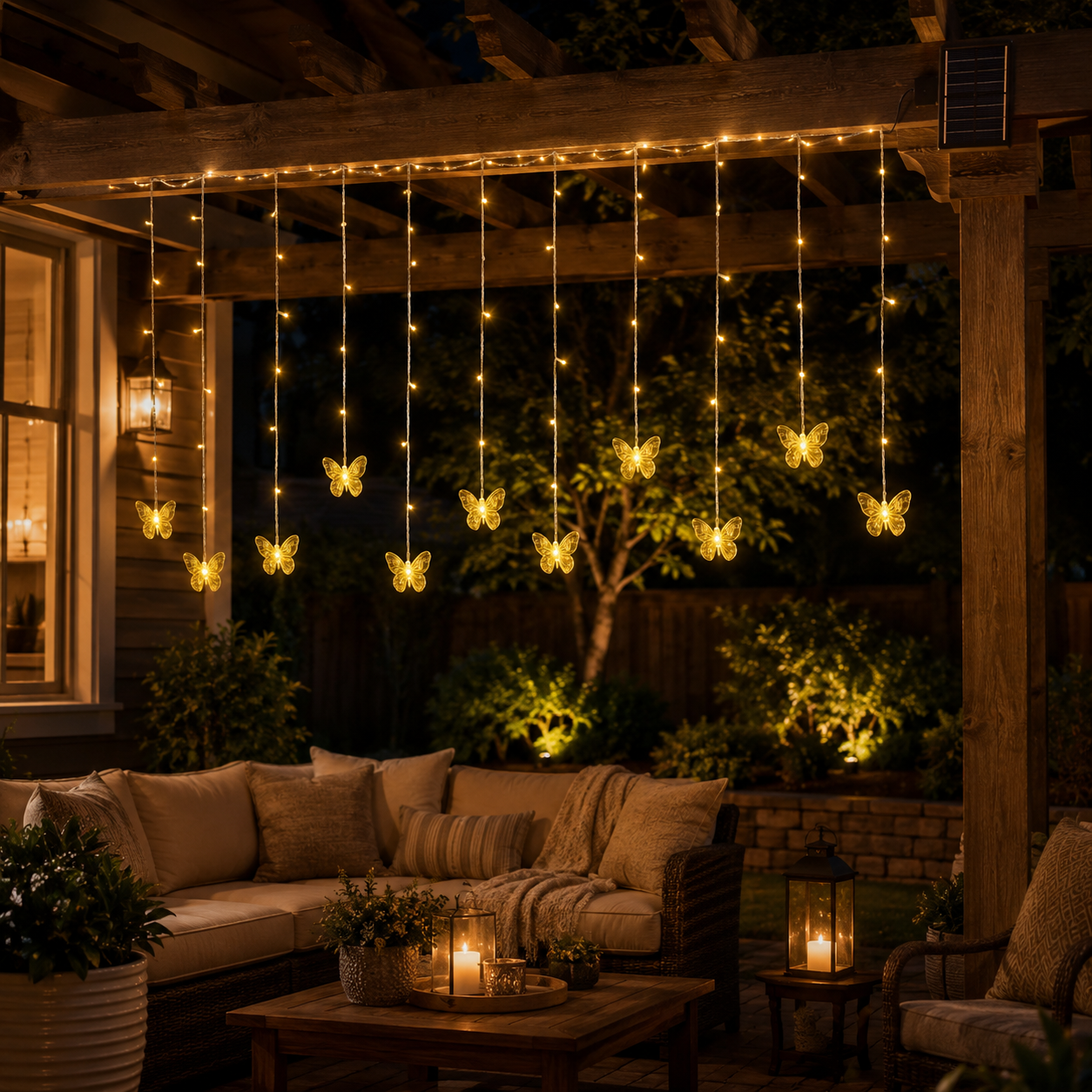 118.1 in Solar Butterfly Waterfall Curtain Lights 🦋✨ Warm White Outdoor Fairy Lights with Remote Control & 8 Lighting Modes