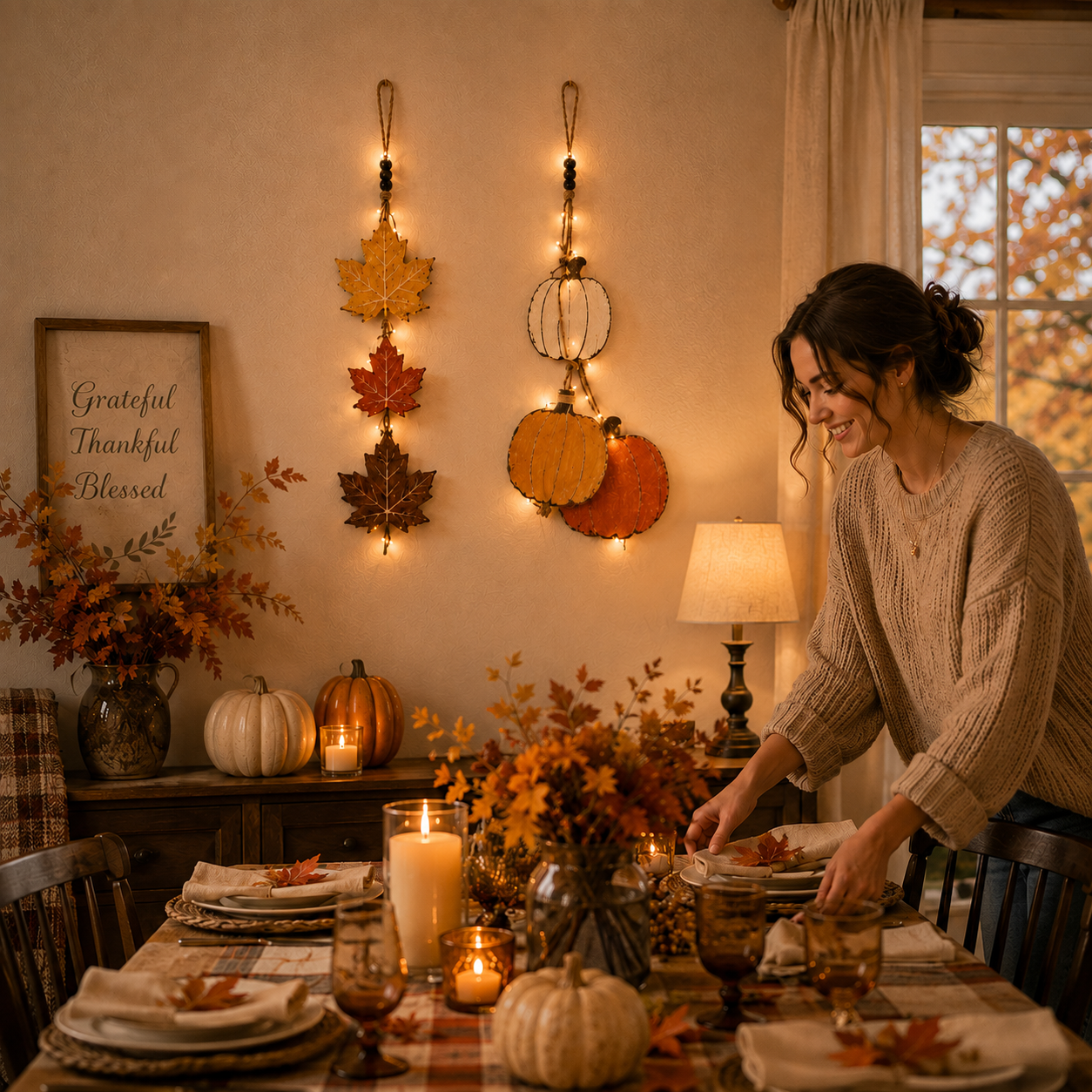 23.6 in Lighted Fall Wooden Hanging Decor Set – Maple Leaves & Pumpkins