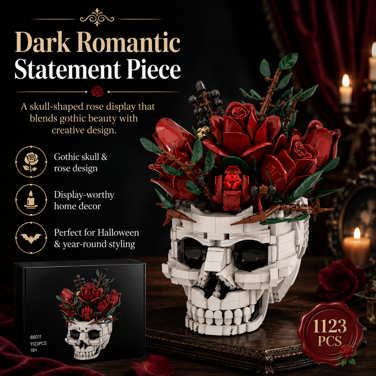 Gothic Rose Skull Building Block Flower Vase🖤🌹 – 1123 PCS DIY Dark Romantic Home Decor Gift
