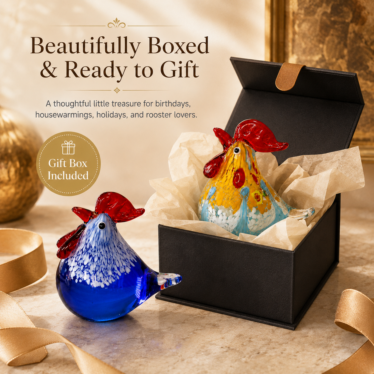 Colorful Art Glass Rooster Figurine with Luxury Gift Box 🐓✨