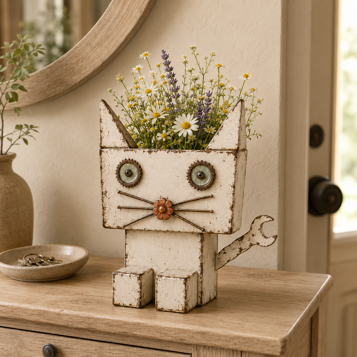 Whimsical Wrench-Tail Cat Metal Flower Holder 🐱🌼