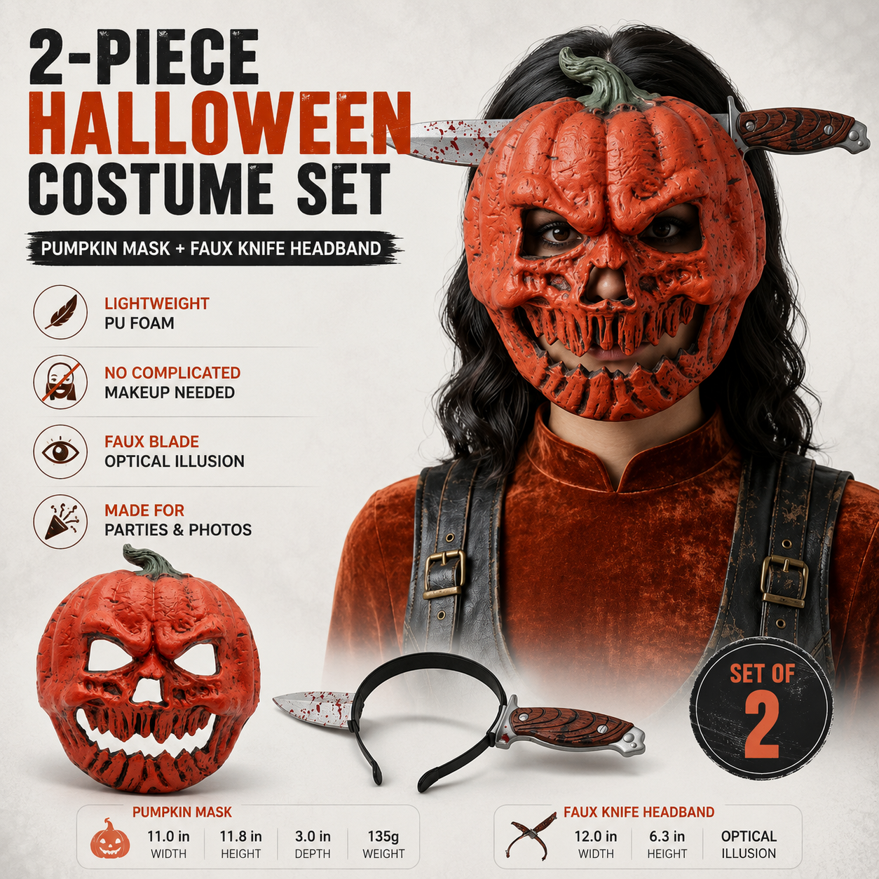 Creepy Pumpkin Mask & Faux Knife Headband – 2-Piece Halloween Costume Set