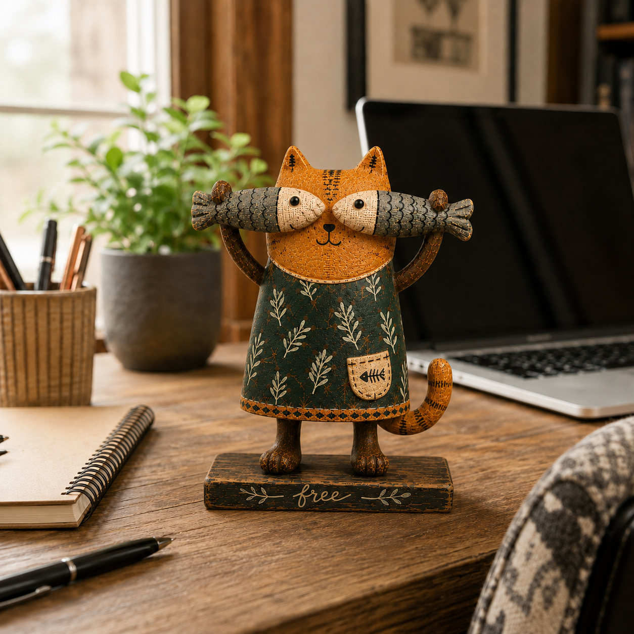 Free Spirit Cat with Fish Wooden Figurine