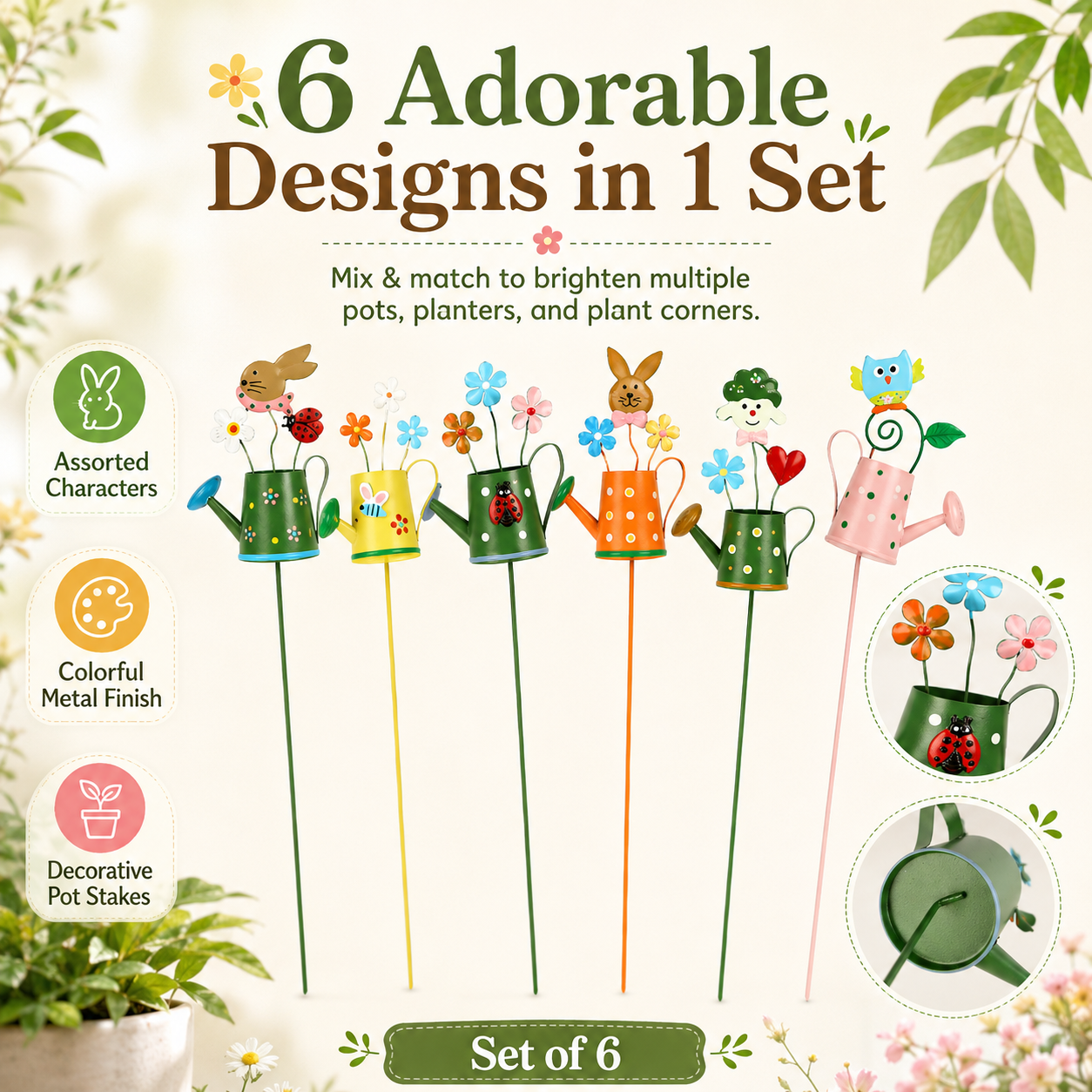 🌼 6-Piece Whimsical Watering Can Plant Stakes