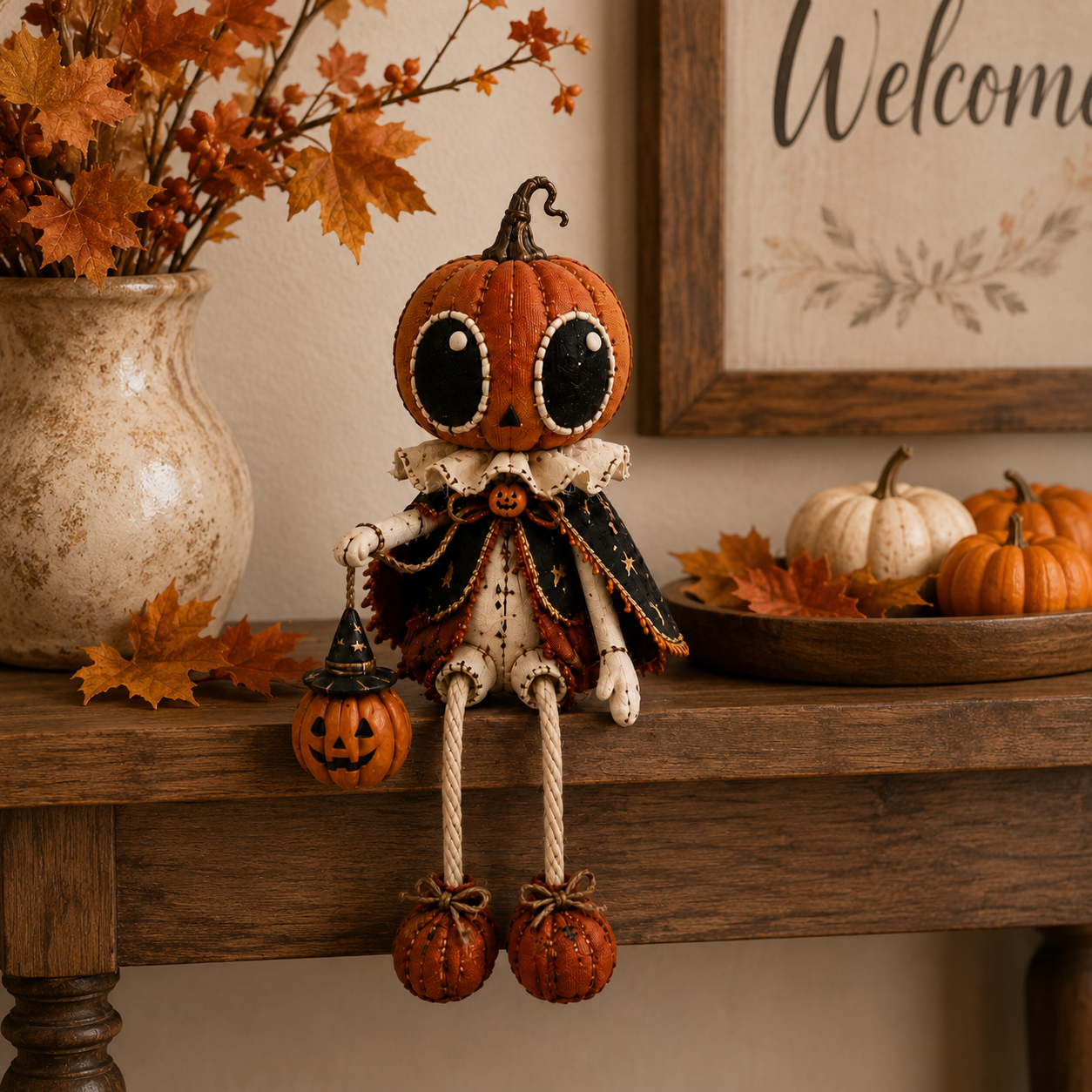 🎃 Vintage Pumpkin Head Dangling Leg Halloween Doll