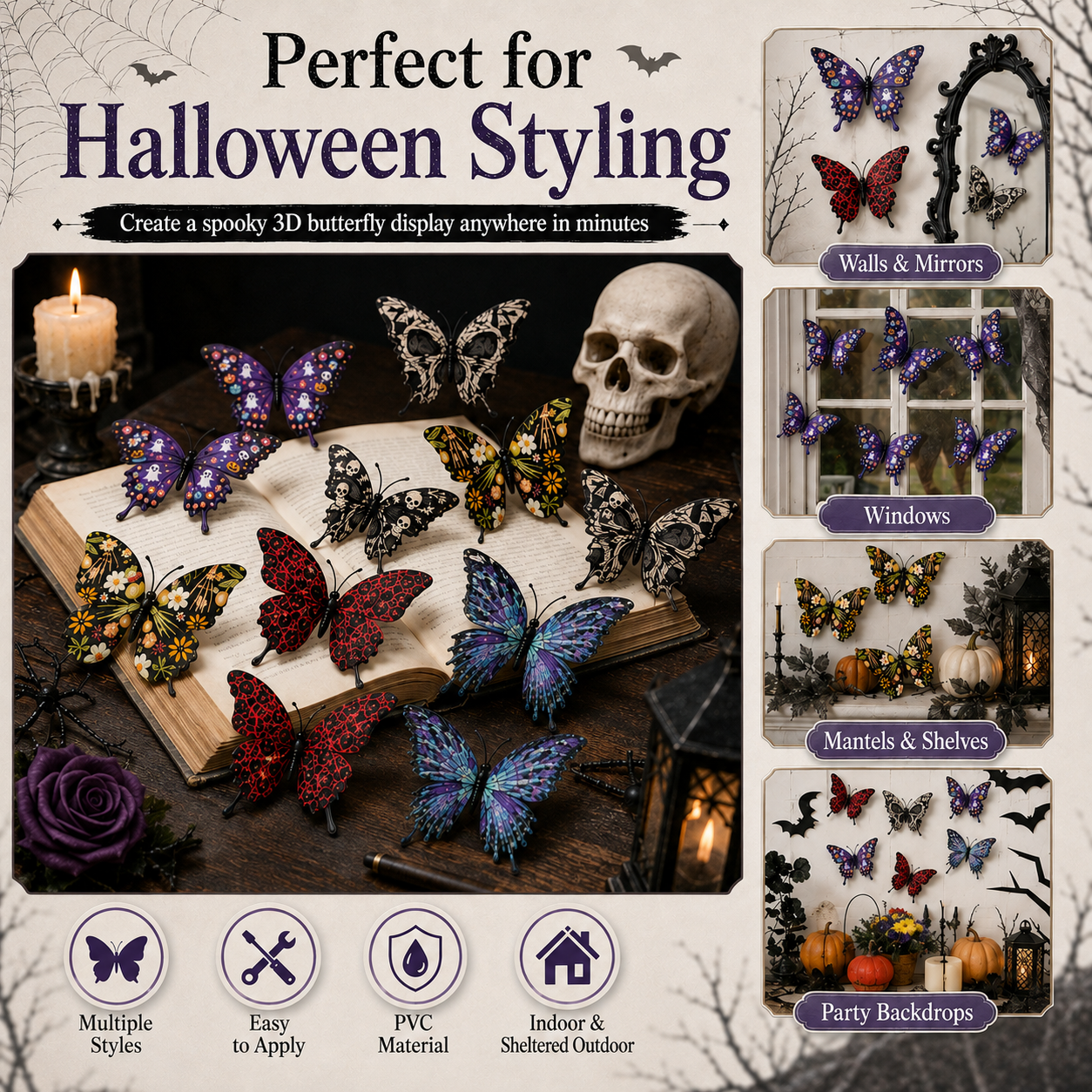 3D Spooky Butterfly Wall Decor – Set of 10
