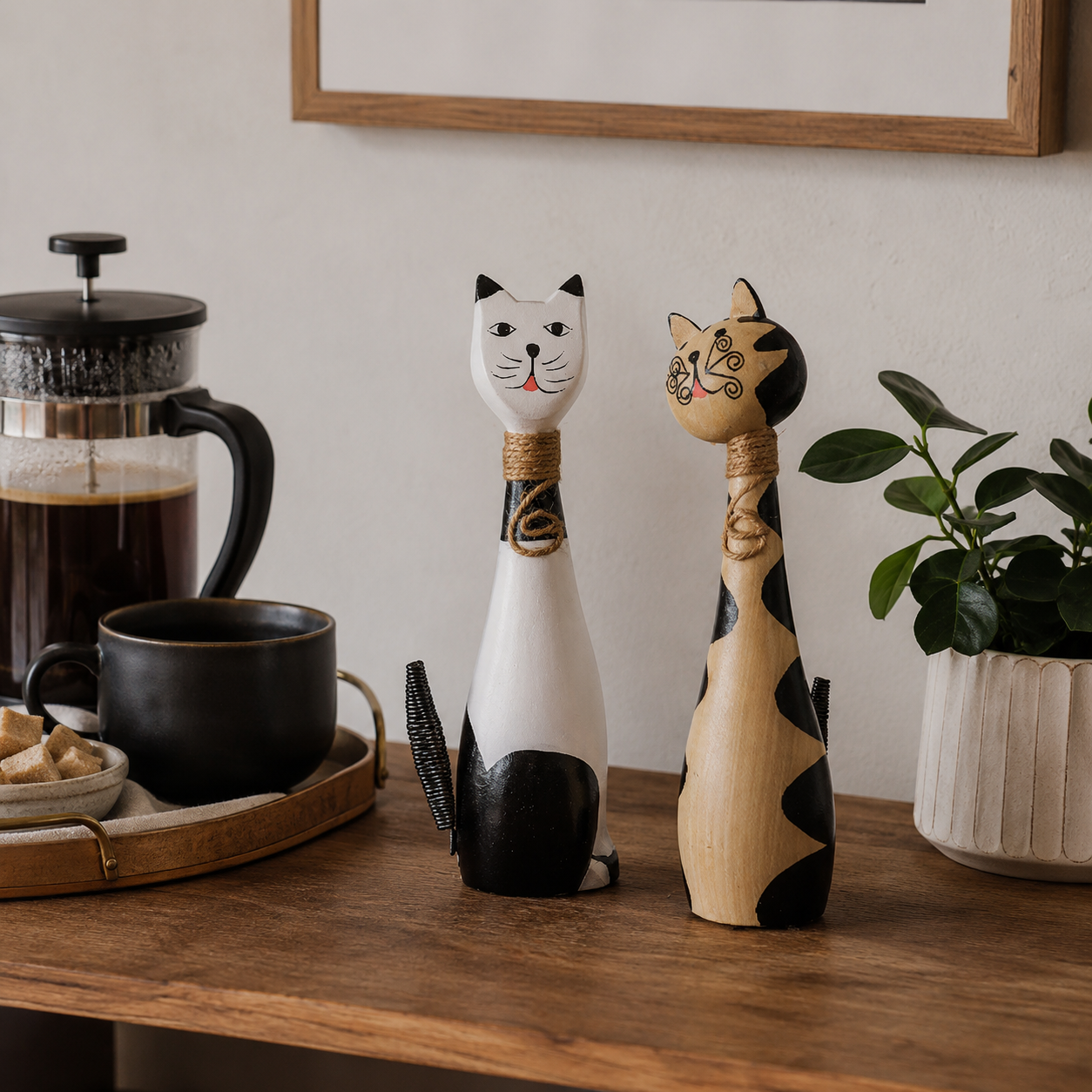 11 in Whimsical Hand-Painted Wooden Cat Figurines – Set of 2 🐱