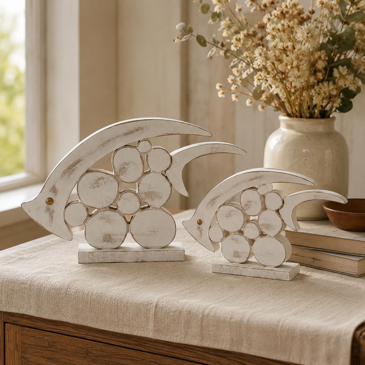 🐟 Coastal Pebble Fish Wooden Decor Set – 2 Pieces