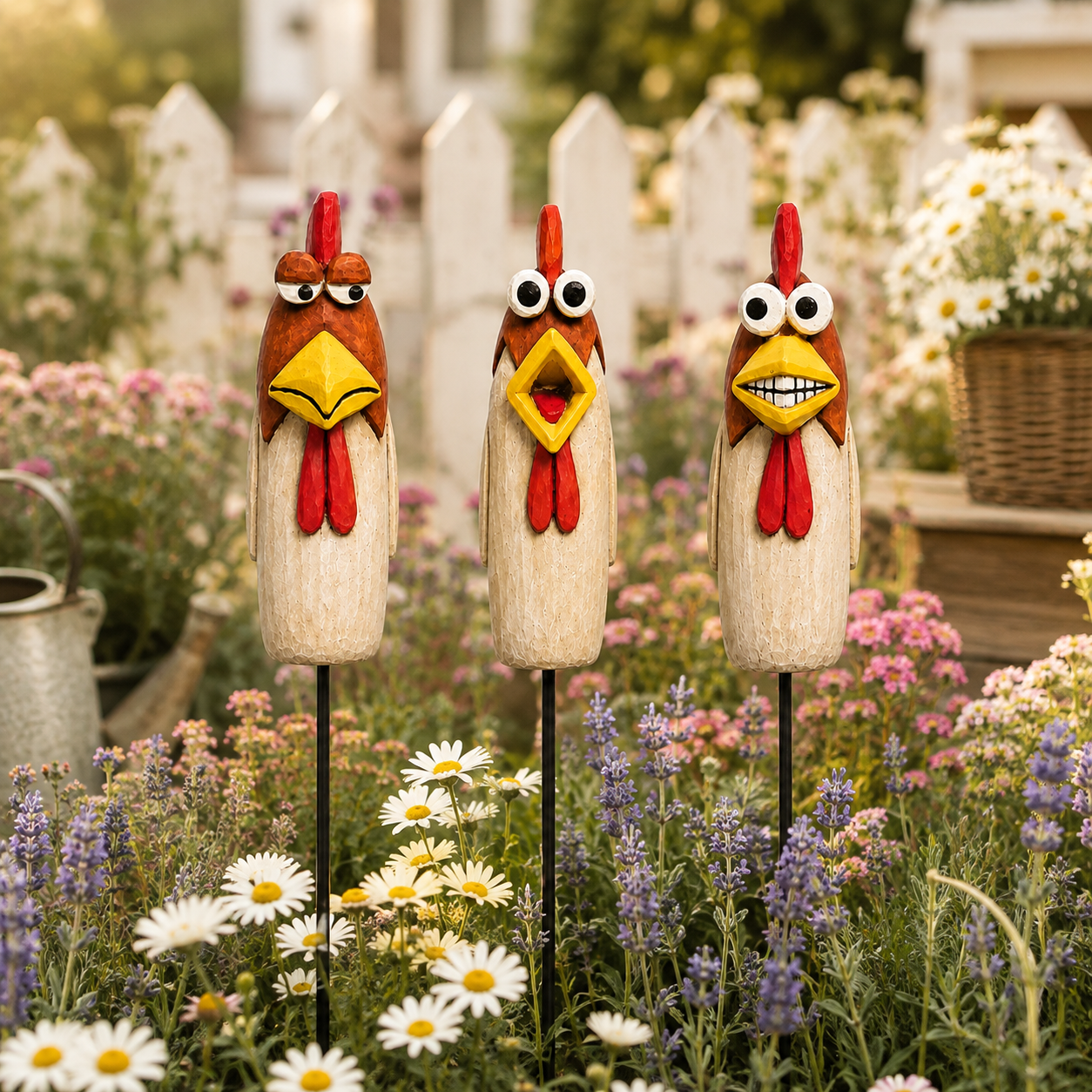 Funny Chicken Garden Stakes – 3 Piece Whimsical Yard Decor for Flower Beds, Planters & Backyard