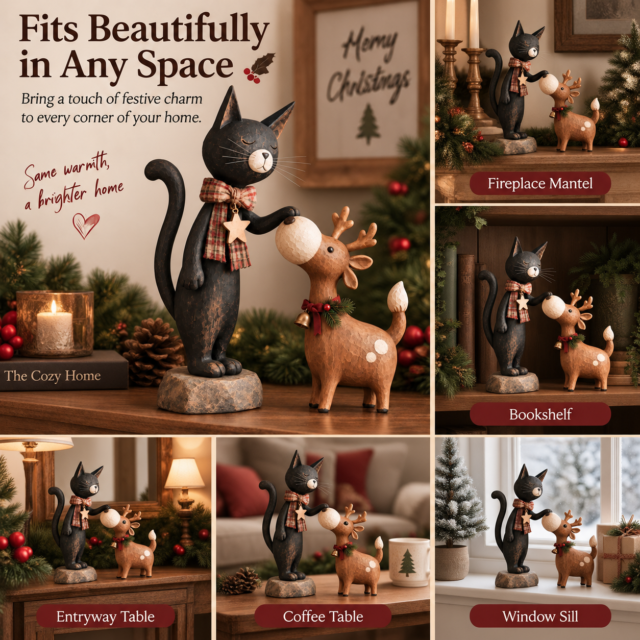 Whimsical Christmas Cat & Reindeer Figurine Set