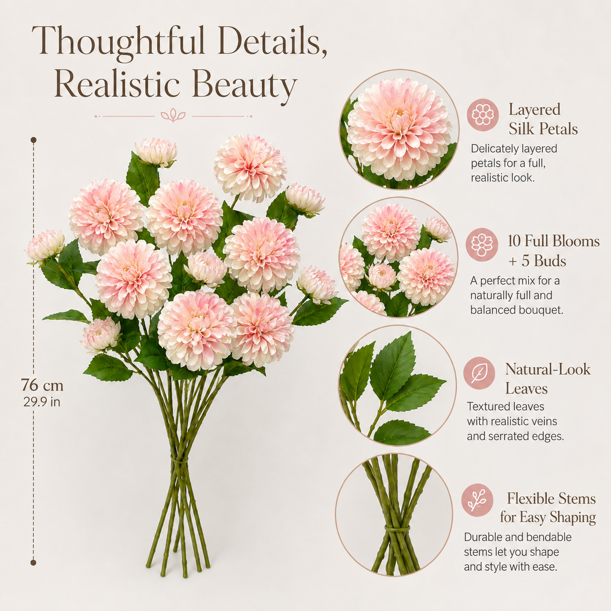 29.9 in Lifelike Dahlia Artificial Flower Bouquet – 5 Stems, 15 Blooms