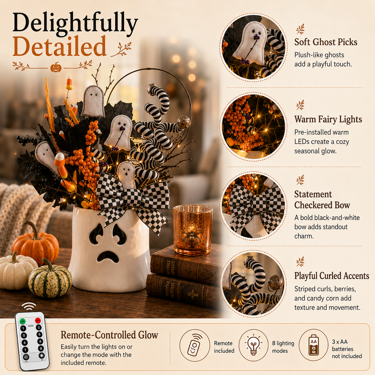 Whimsical Lighted Ghost Vase Halloween Centerpiece