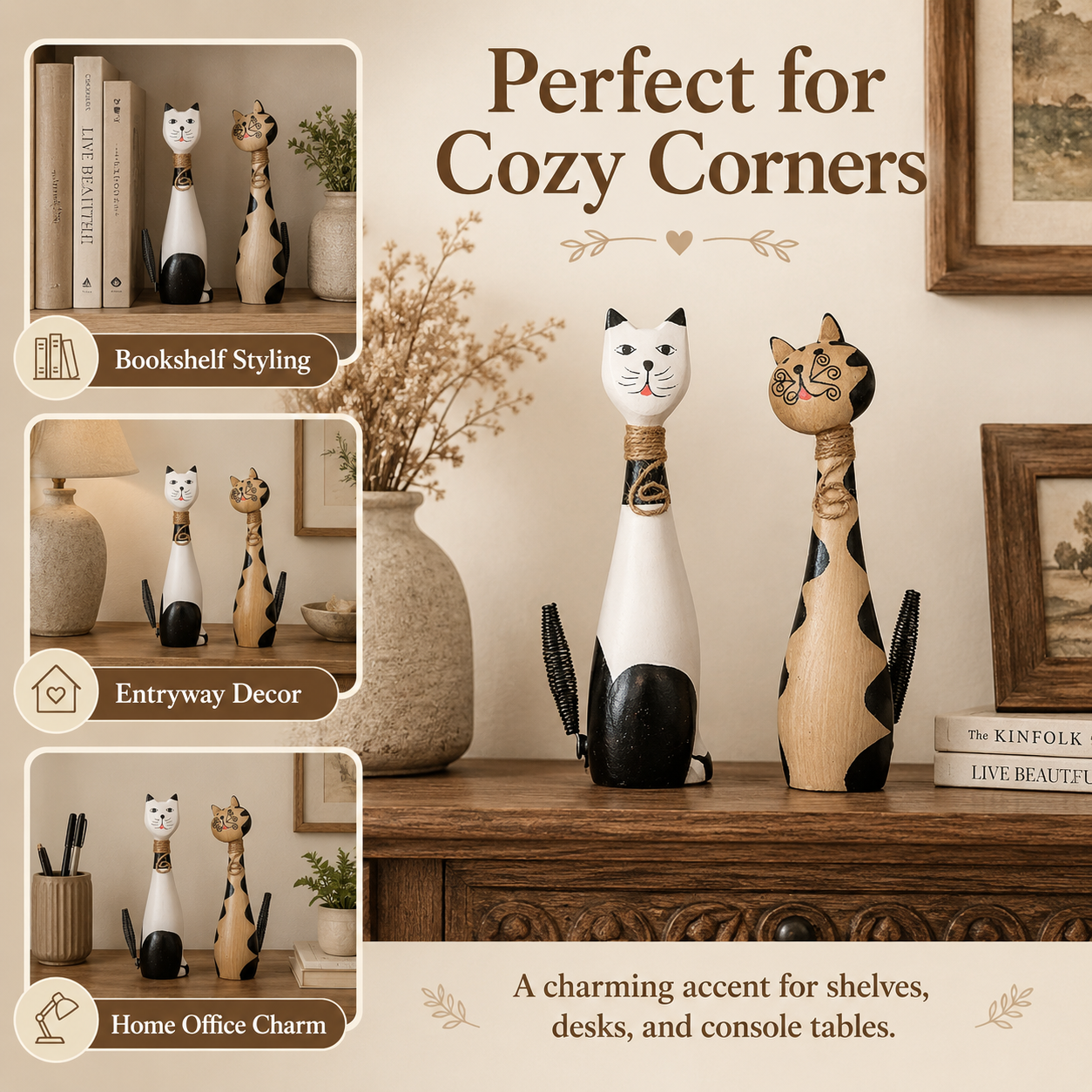 11 in Whimsical Hand-Painted Wooden Cat Figurines – Set of 2 🐱