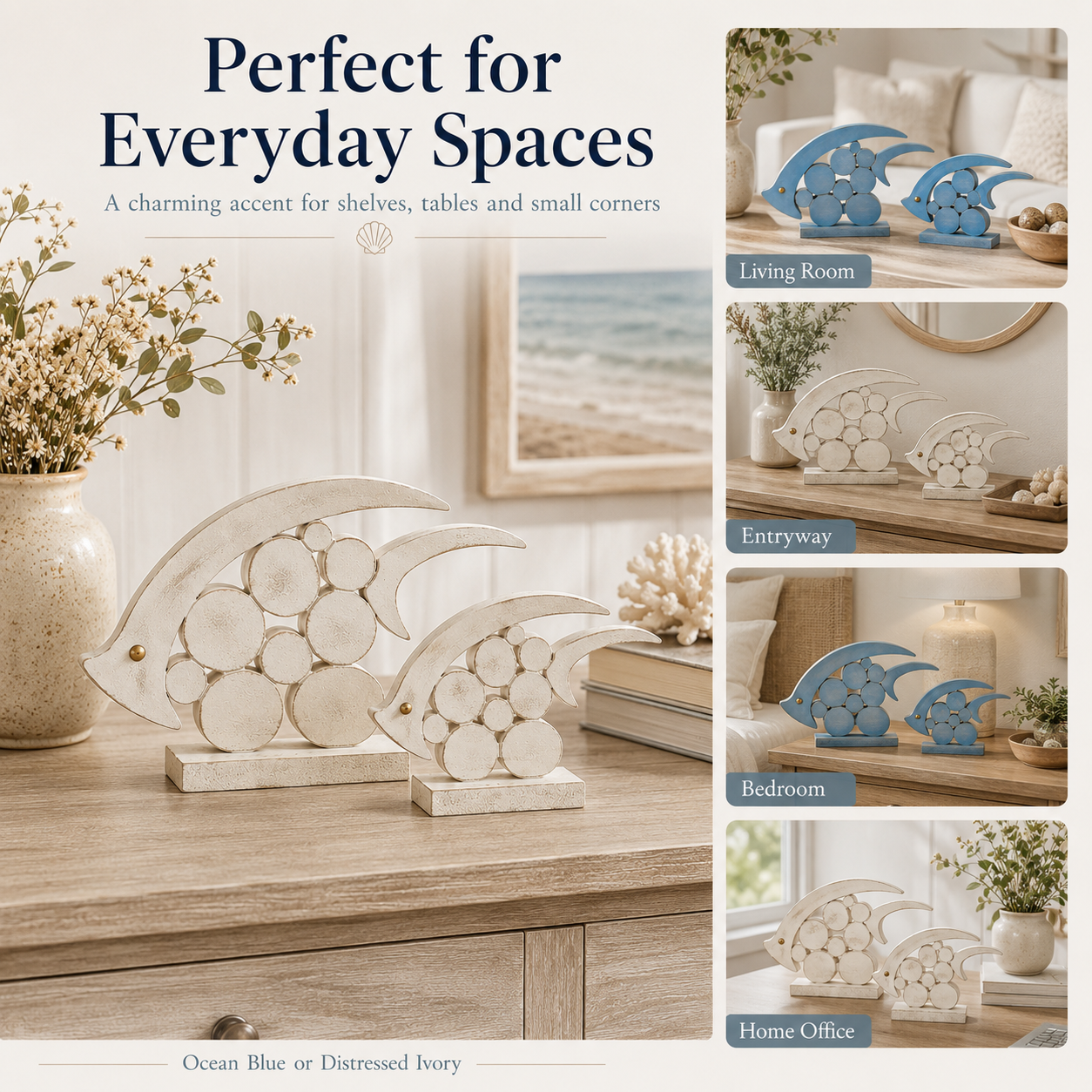 🐟 Coastal Pebble Fish Wooden Decor Set – 2 Pieces