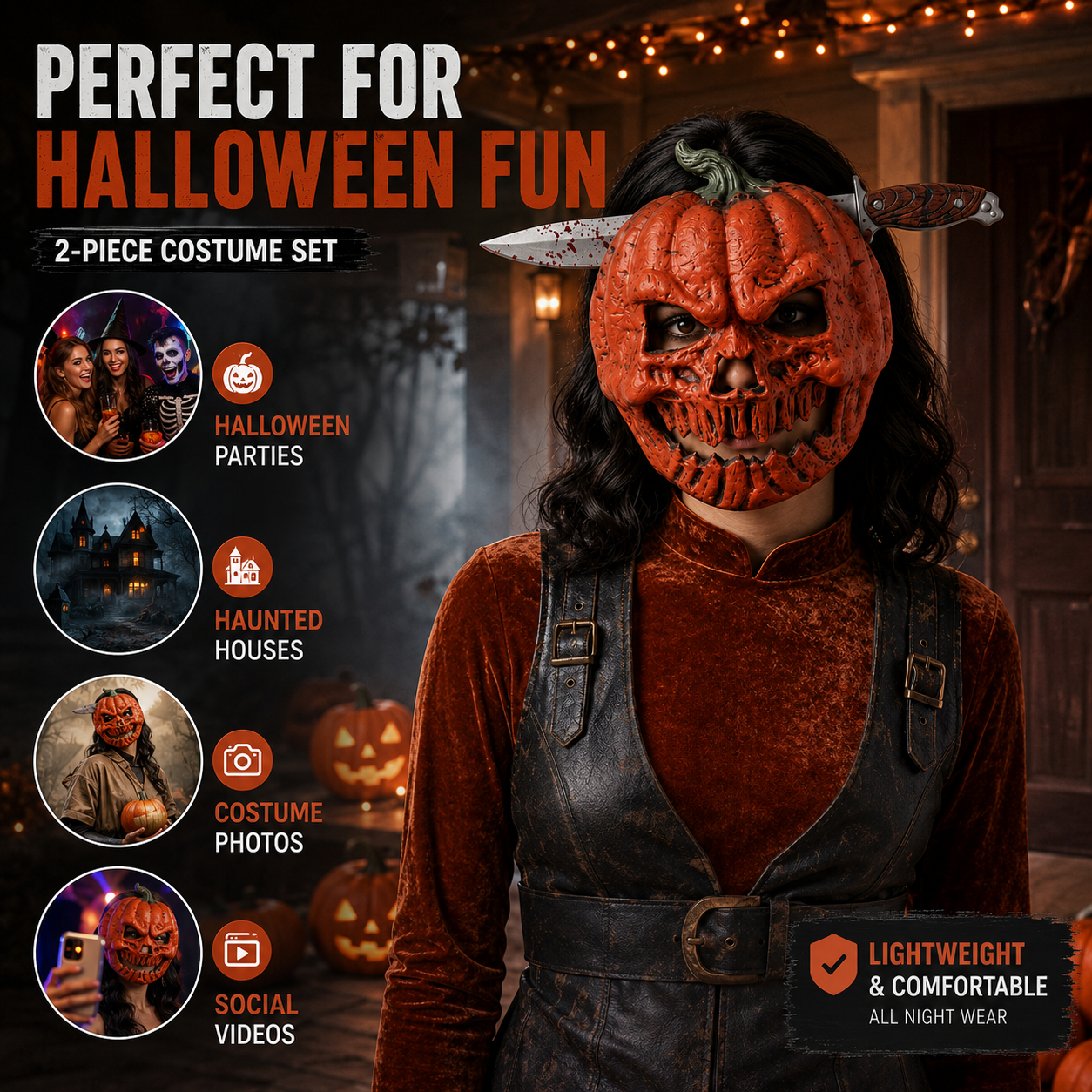 Creepy Pumpkin Mask & Faux Knife Headband – 2-Piece Halloween Costume Set