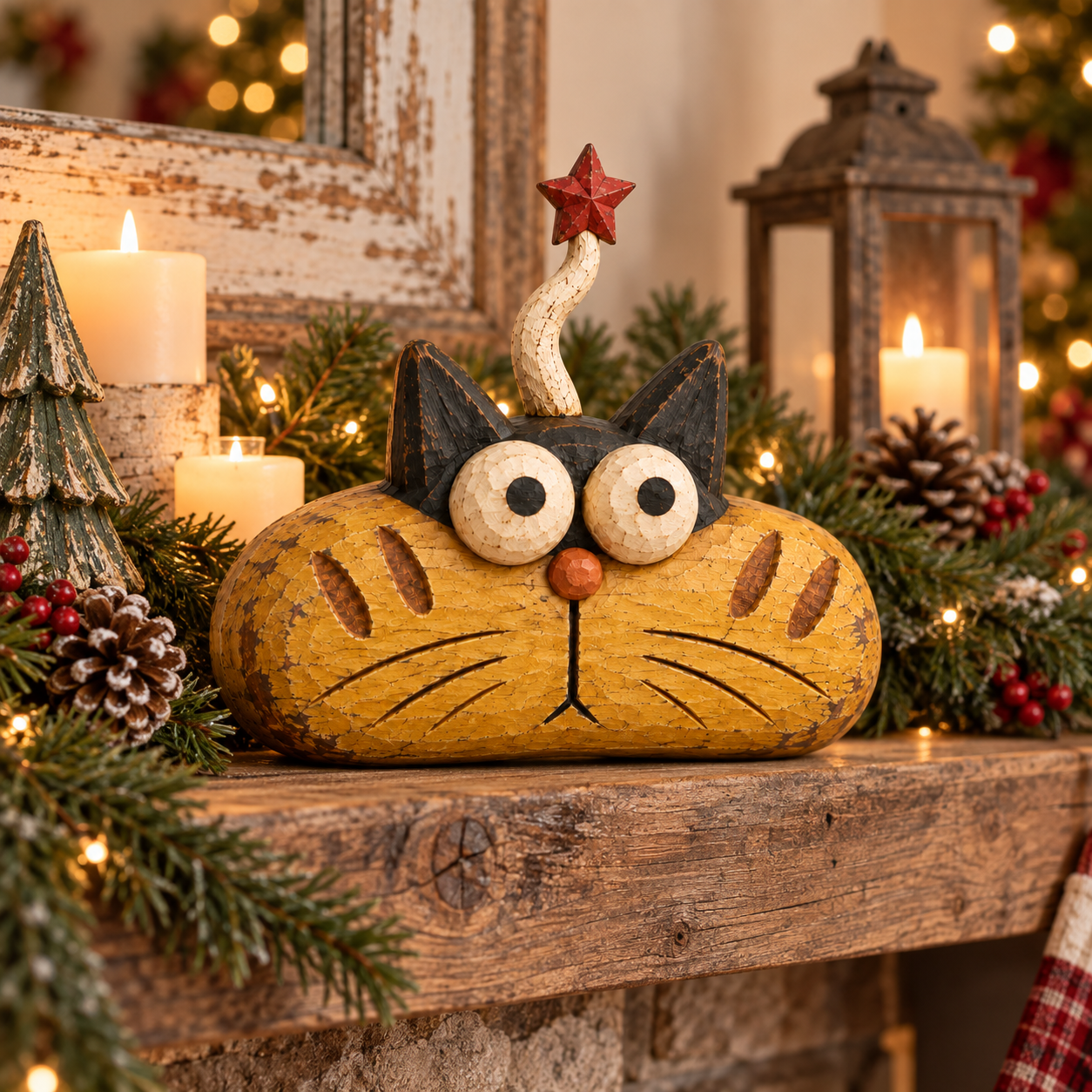 Rustic Christmas Star Cat Figurine
