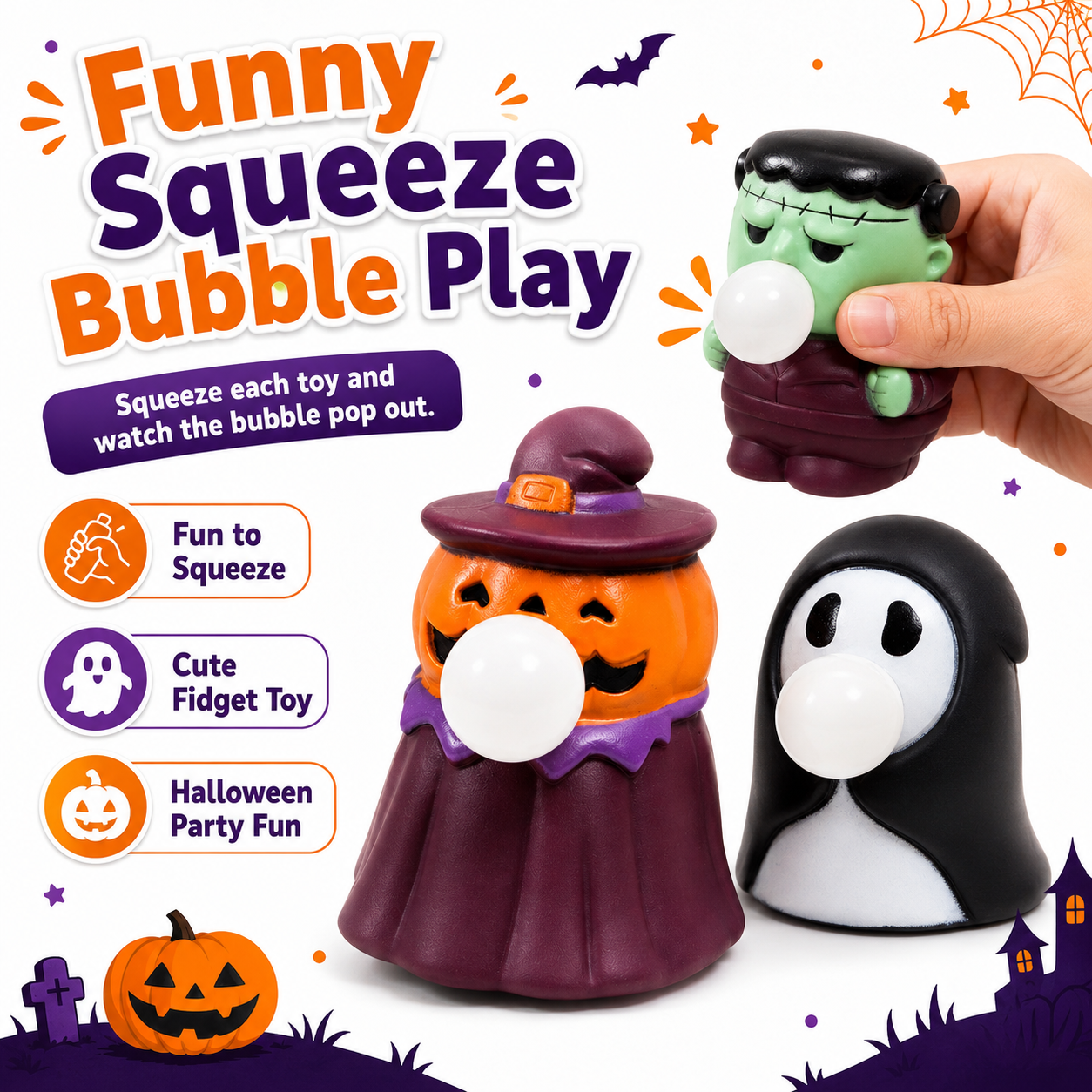 3 Pack Halloween Squeeze Bubble Toys, Cute Pumpkin Ghost Frankenstein Stress Relief Toys