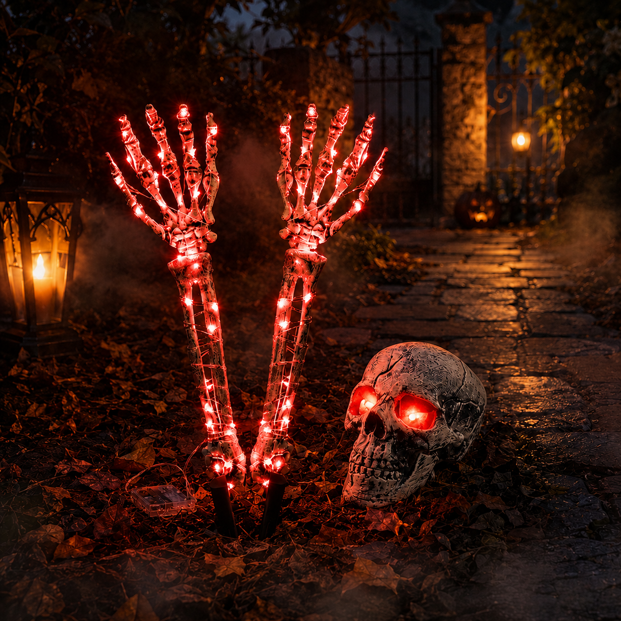 Halloween Skeleton Hands & Skull LED Yard Stakes