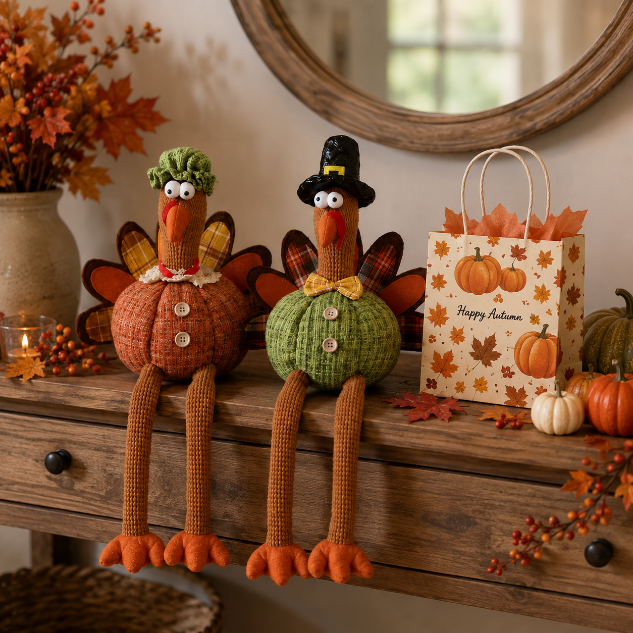 Whimsical Harvest Turkey Couple Shelf Sitters – Set of 2